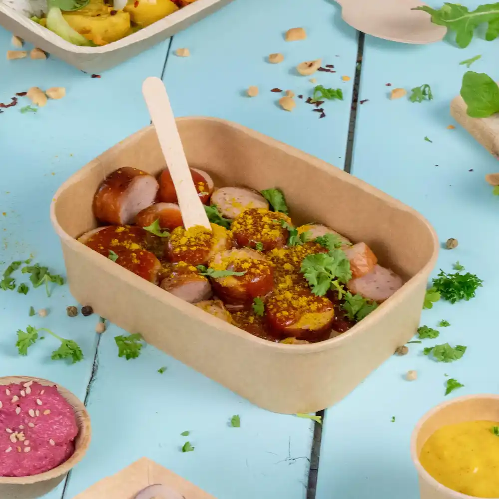 Un bol en carton contient des saucisses tranchées garnies d'un assaisonnement jaune et d'herbes fraîches, sur une surface bleue.