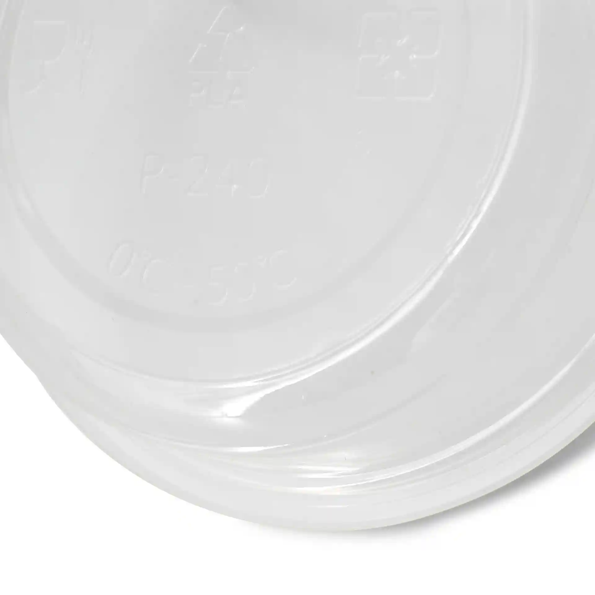 Couvercle rond transparent pour récipient de traiteur avec marquages, y compris symbole de recyclage et plage de température de 0°C à 50°C.