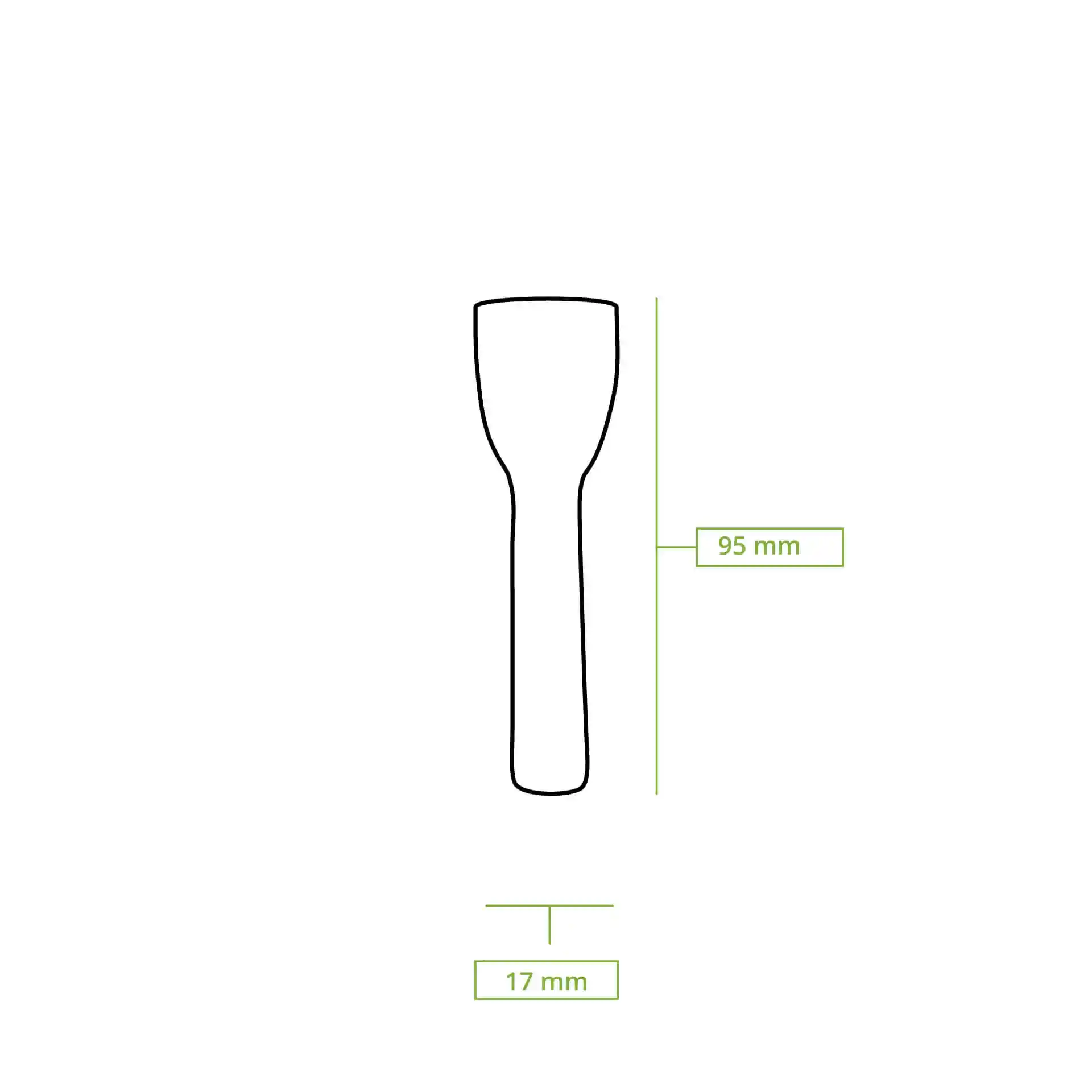 Dessin schématique d'une cuillère à glace en bois, dimensions 95 mm par 17 mm, sur un fond uni.
