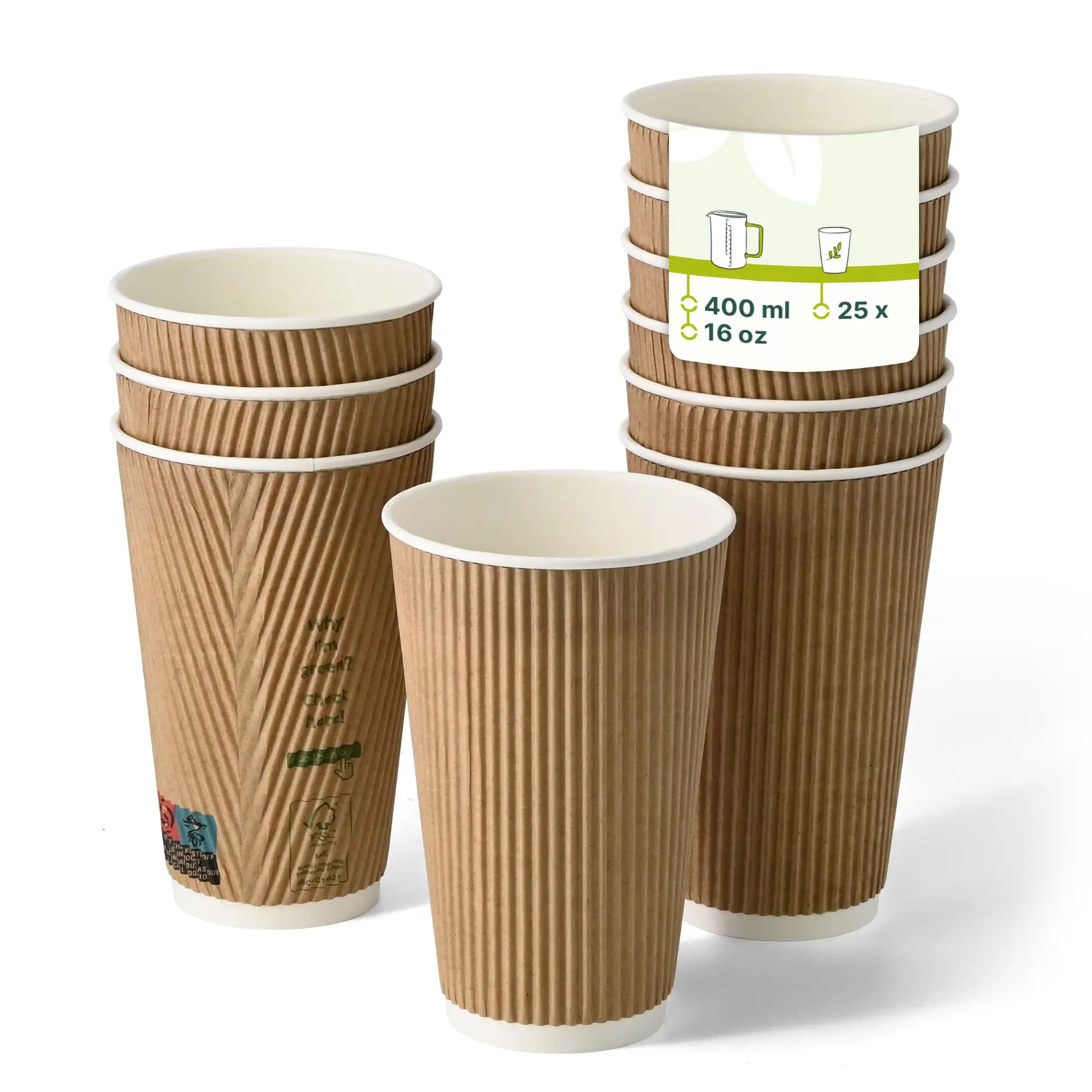 Riffelbecher / Coffee to go Becher 400 ml / 16 oz, Ø 90 mm, braun, innen weiß, PLA-beschichtet