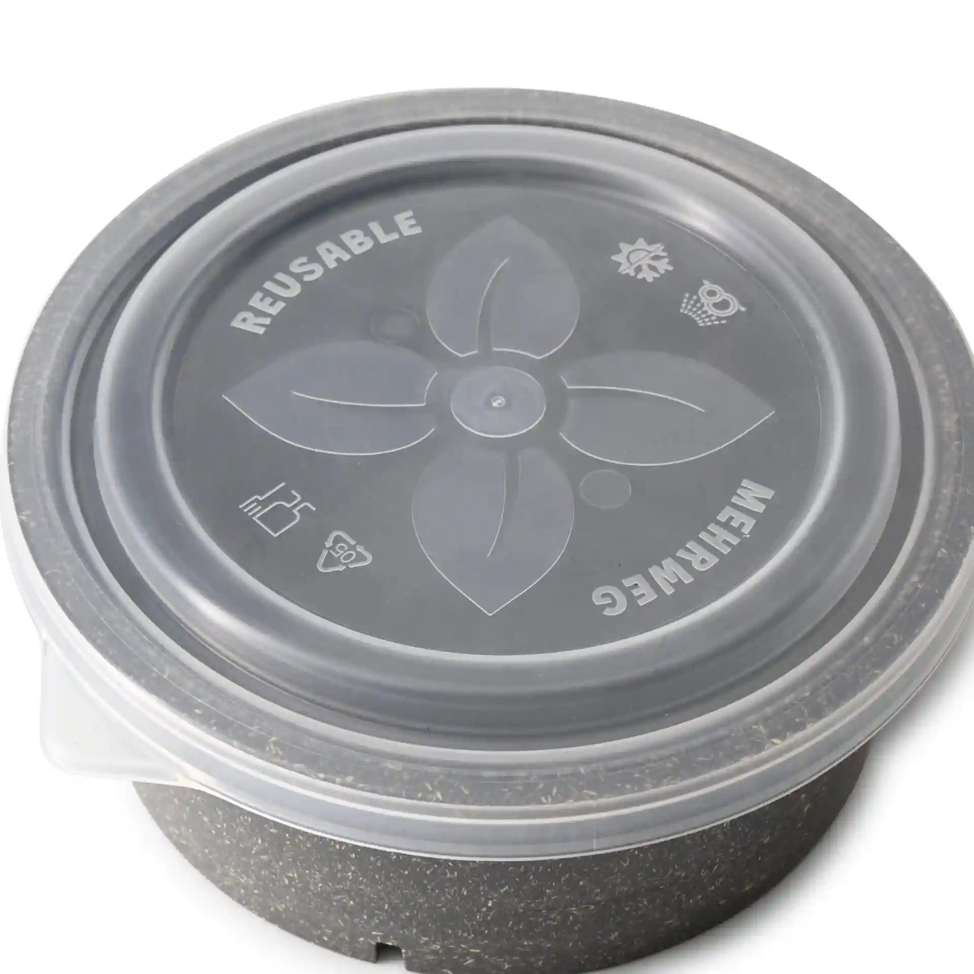 Couvercle réutilisable transparent pour un bol rond, avec un design floral et divers symboles en haut.