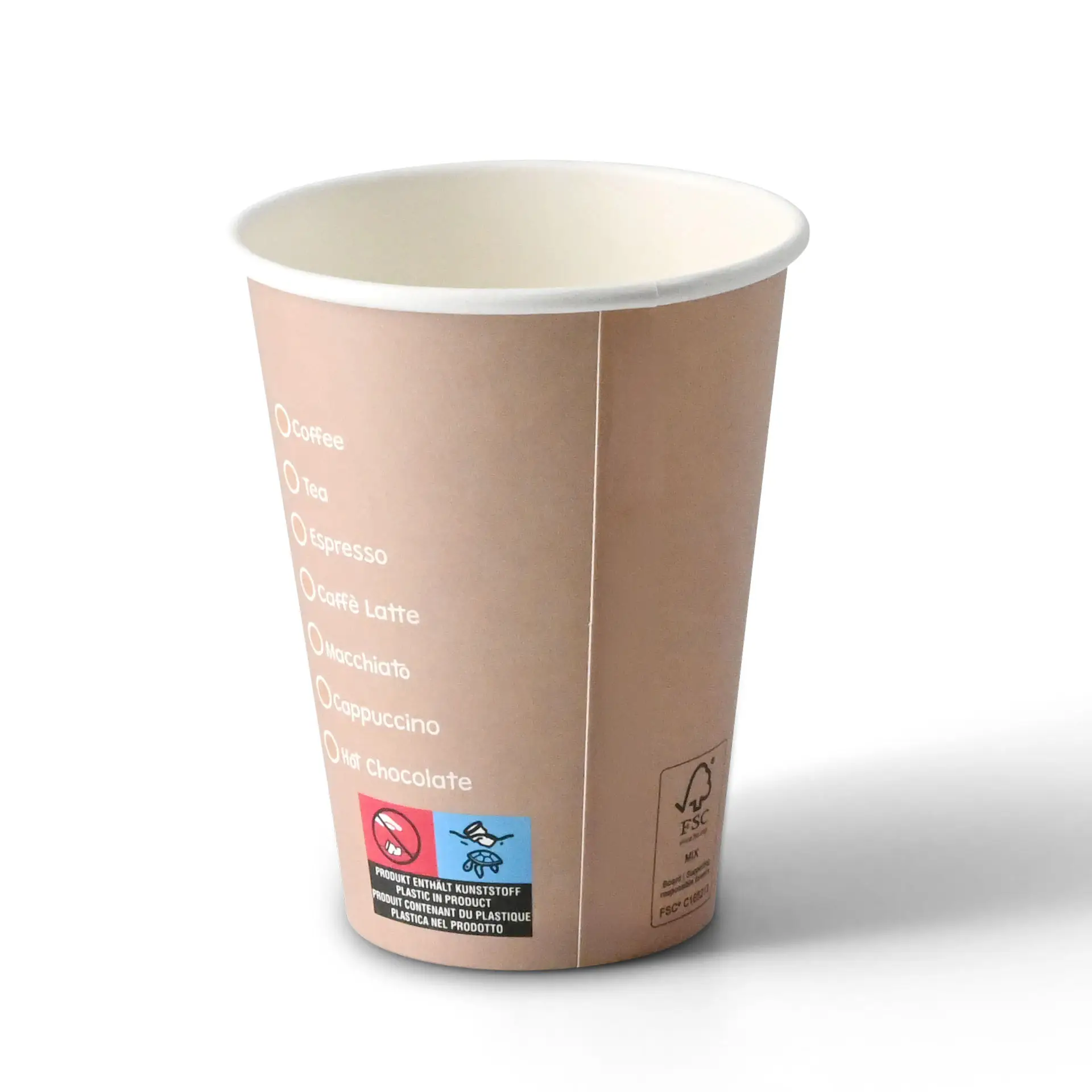 Gobelet en papier de 12 oz rond avec options de boissons imprimées, intérieur blanc et extérieur enduit.