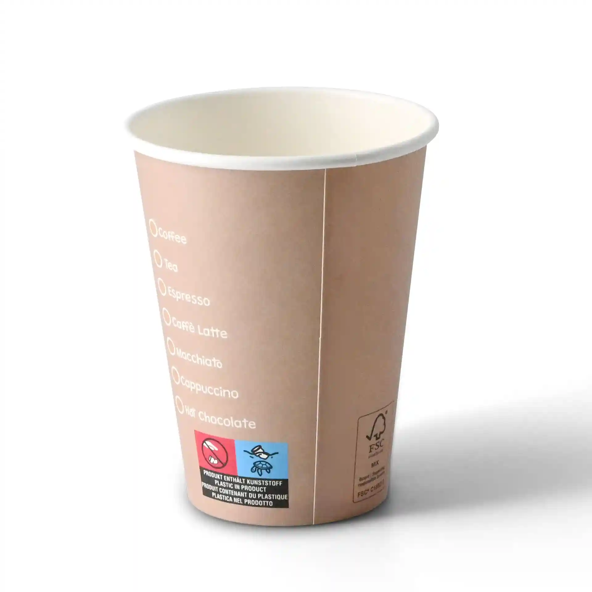 Gobelet en papier de 12 oz rond avec options de boissons imprimées, intérieur blanc et extérieur enduit.