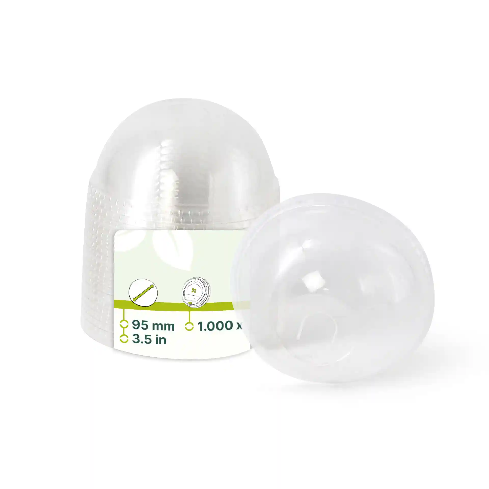 Couvercle en PLA transparent avec un trou pour paille, diamètre 95 mm, positionné à côté d'un couvercle similaire.