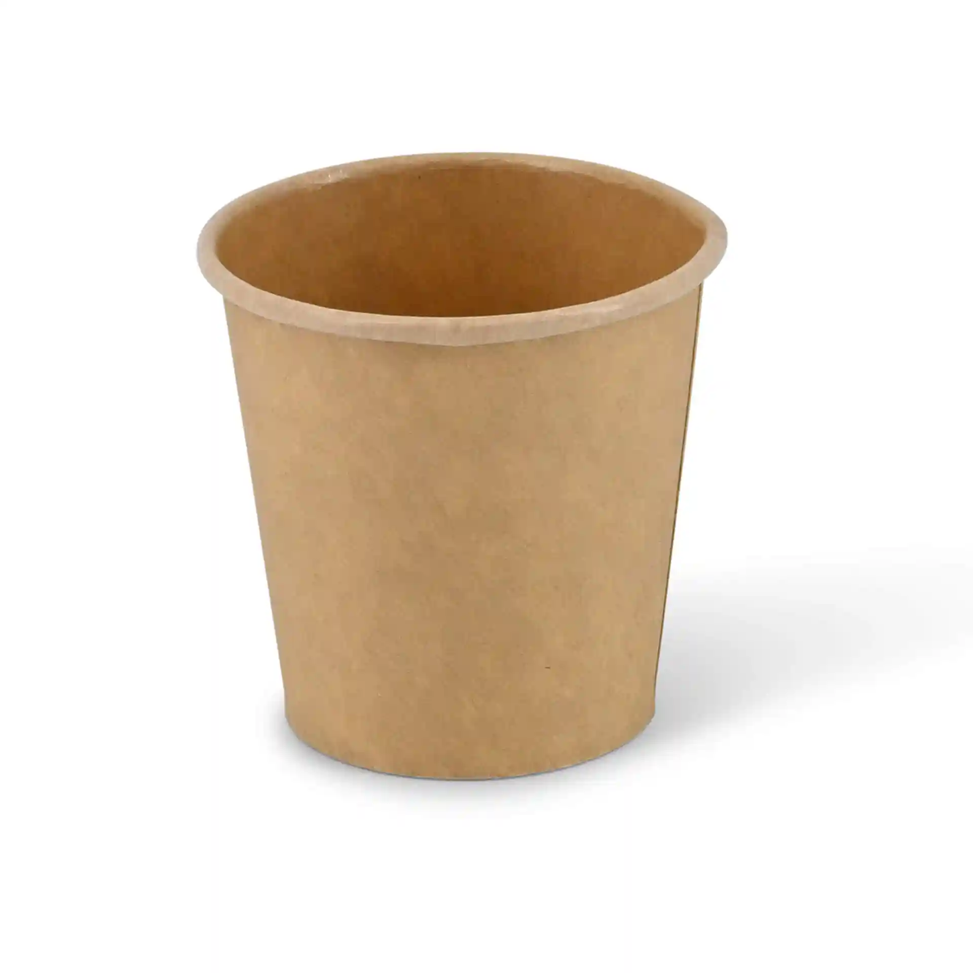 Gobelet en papier brun de 60 mm de hauteur et 62 mm de diamètre, avec un revêtement écologique.