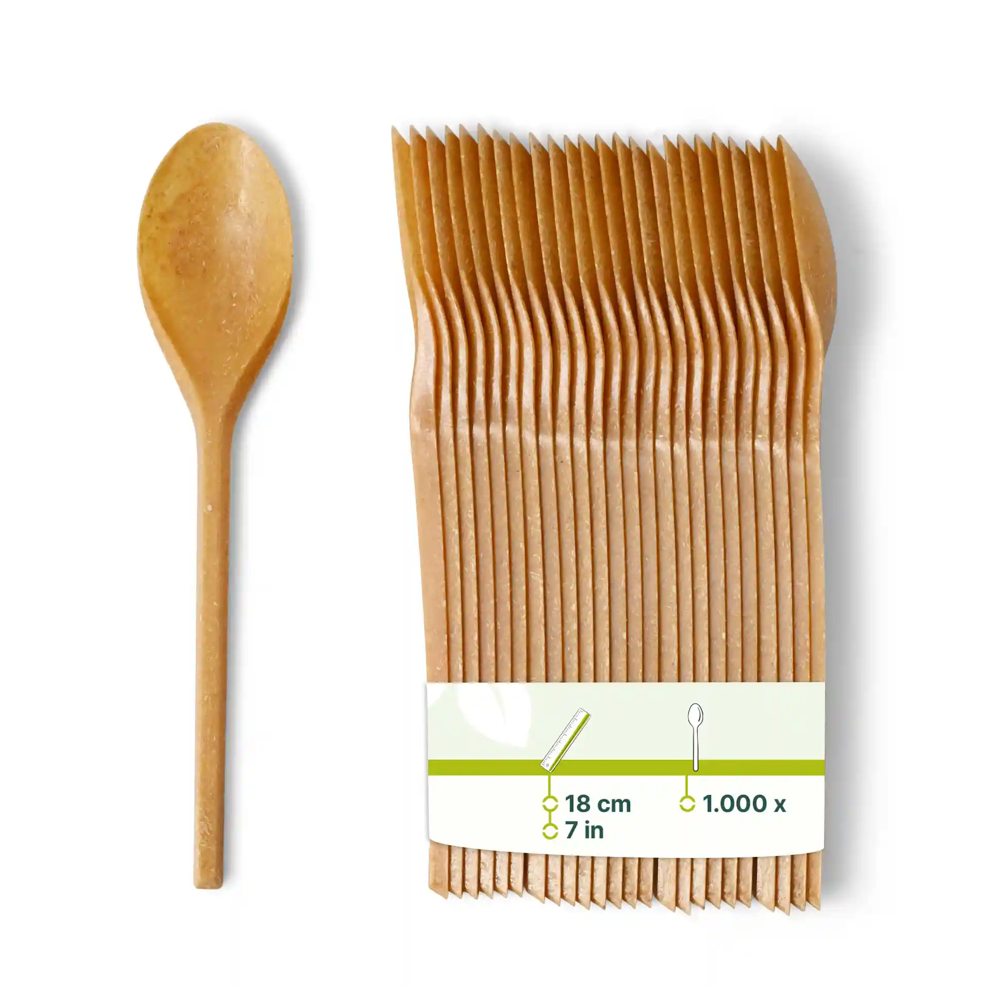 Cuillères réutilisables marron en matériau bio, mesurant 18 cm, plusieurs cuillères regroupées.