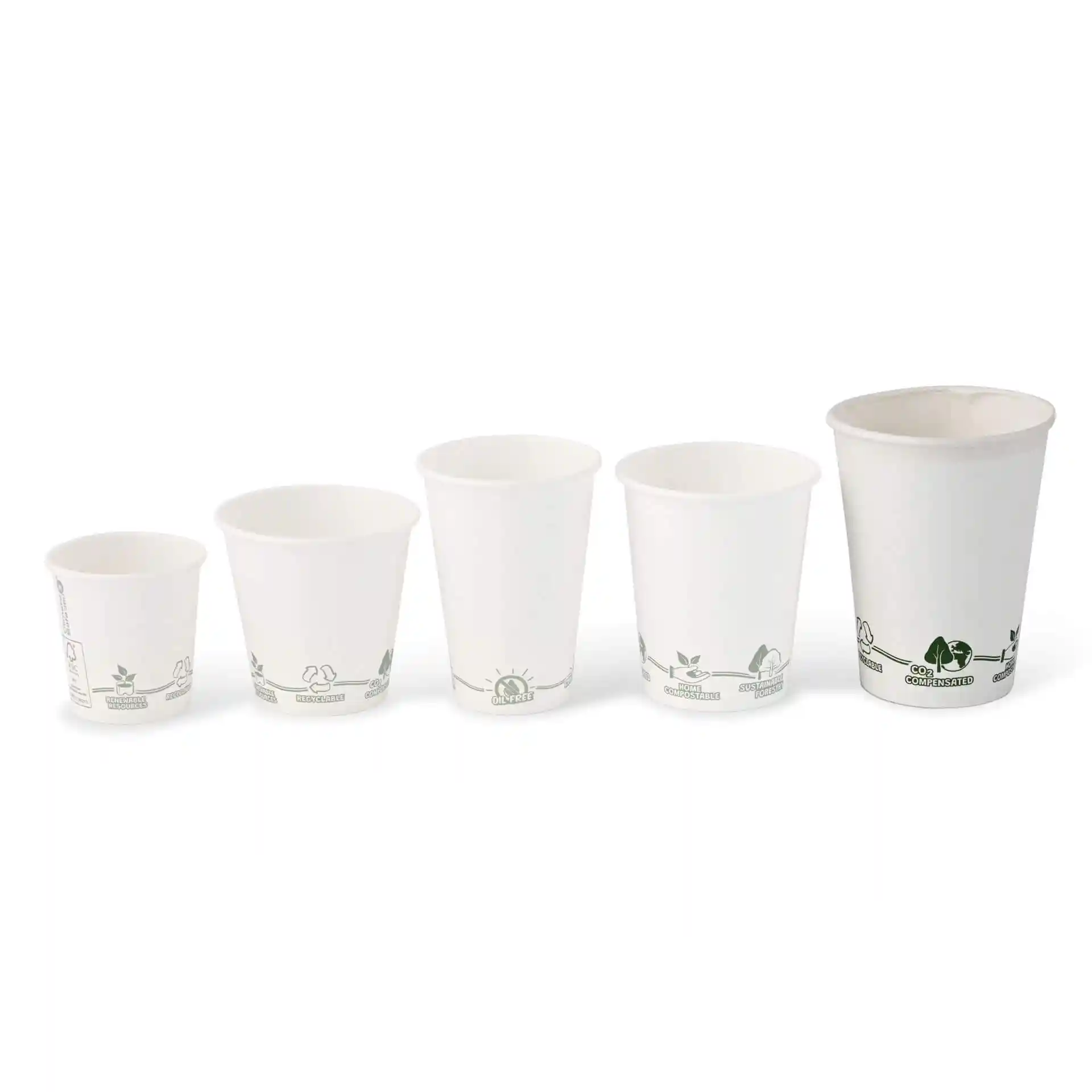 Cinq gobelets en papier blancs de tailles variées avec des icônes vertes à la base, disposés du plus petit au plus grand.