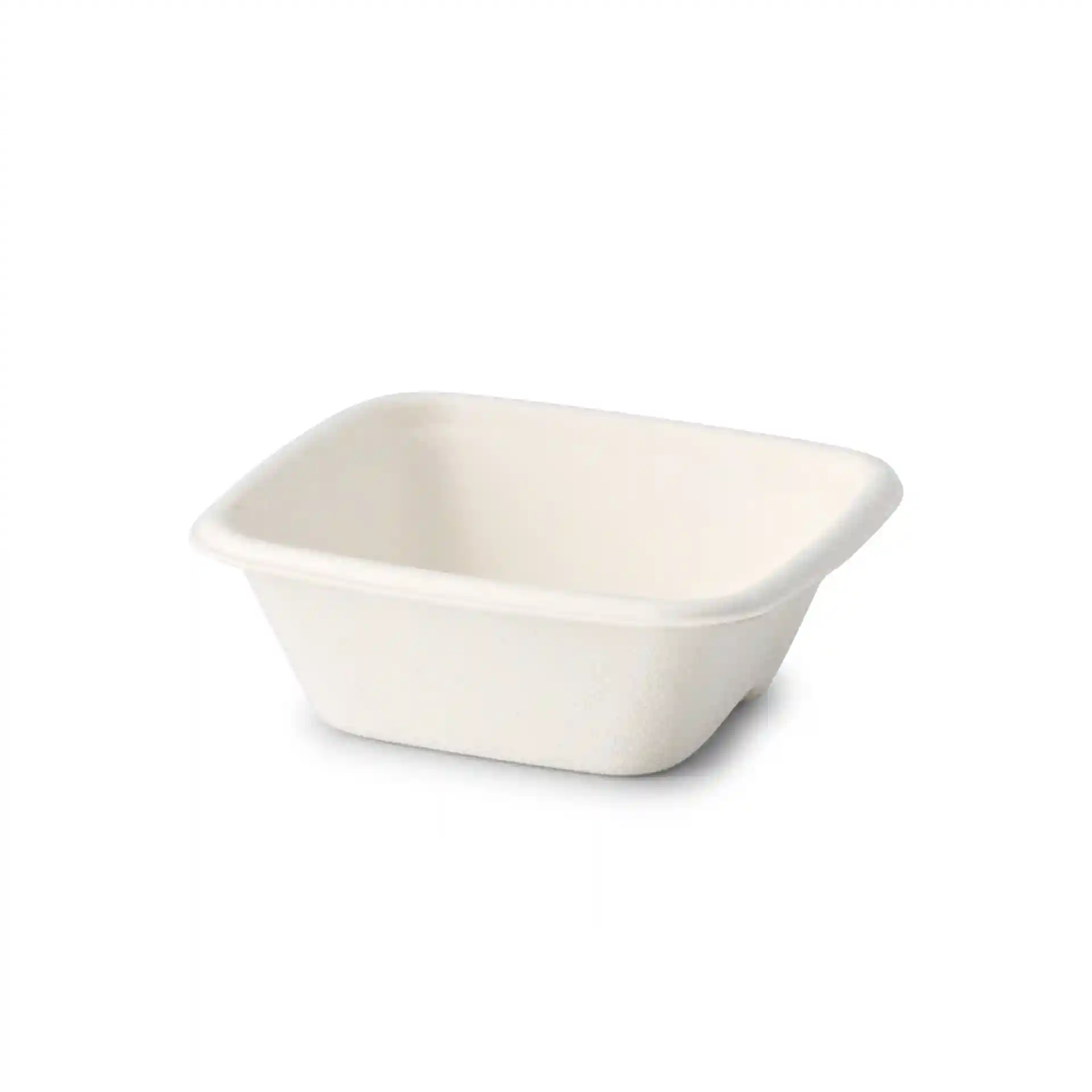 Gobelet carré blanc en canne à sucre, mesurant 81 x 81 x 27 mm, avec une capacité de 70 ml.