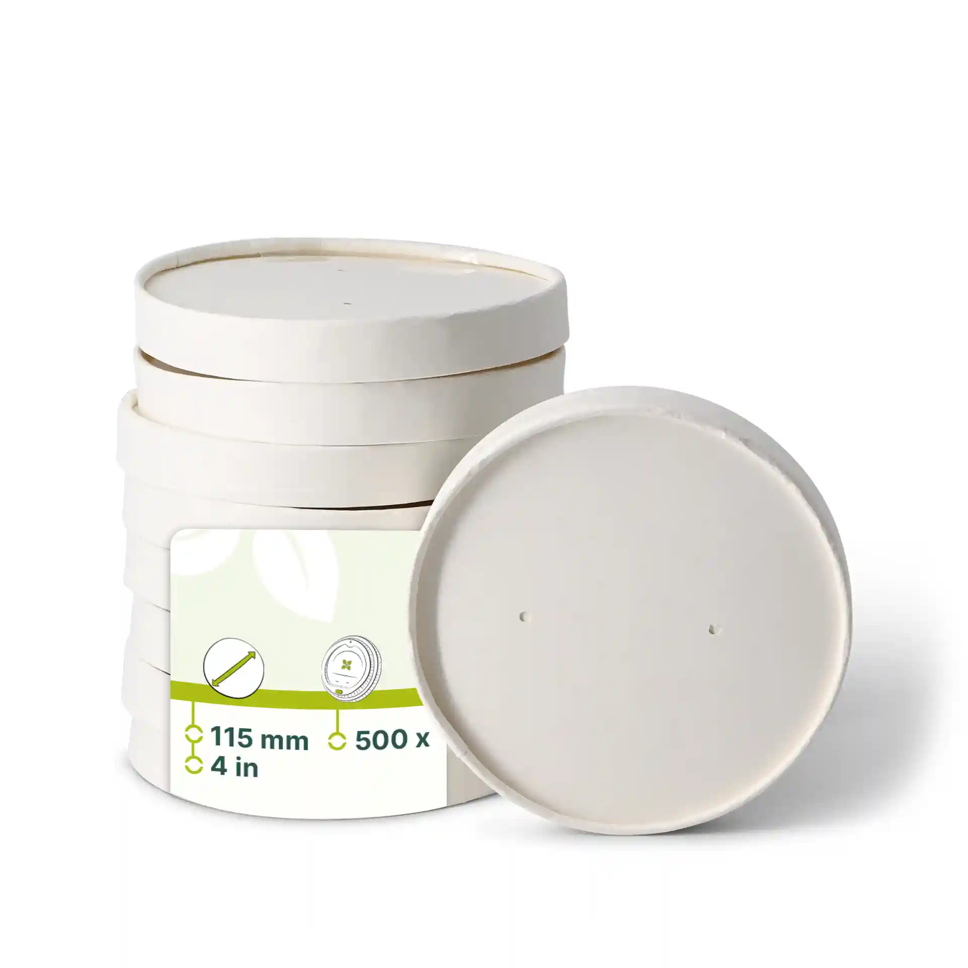 Empilement de couvercles en membrane en carton blanc, 115 mm de diamètre, avec une étiquette indiquant les détails du produit.