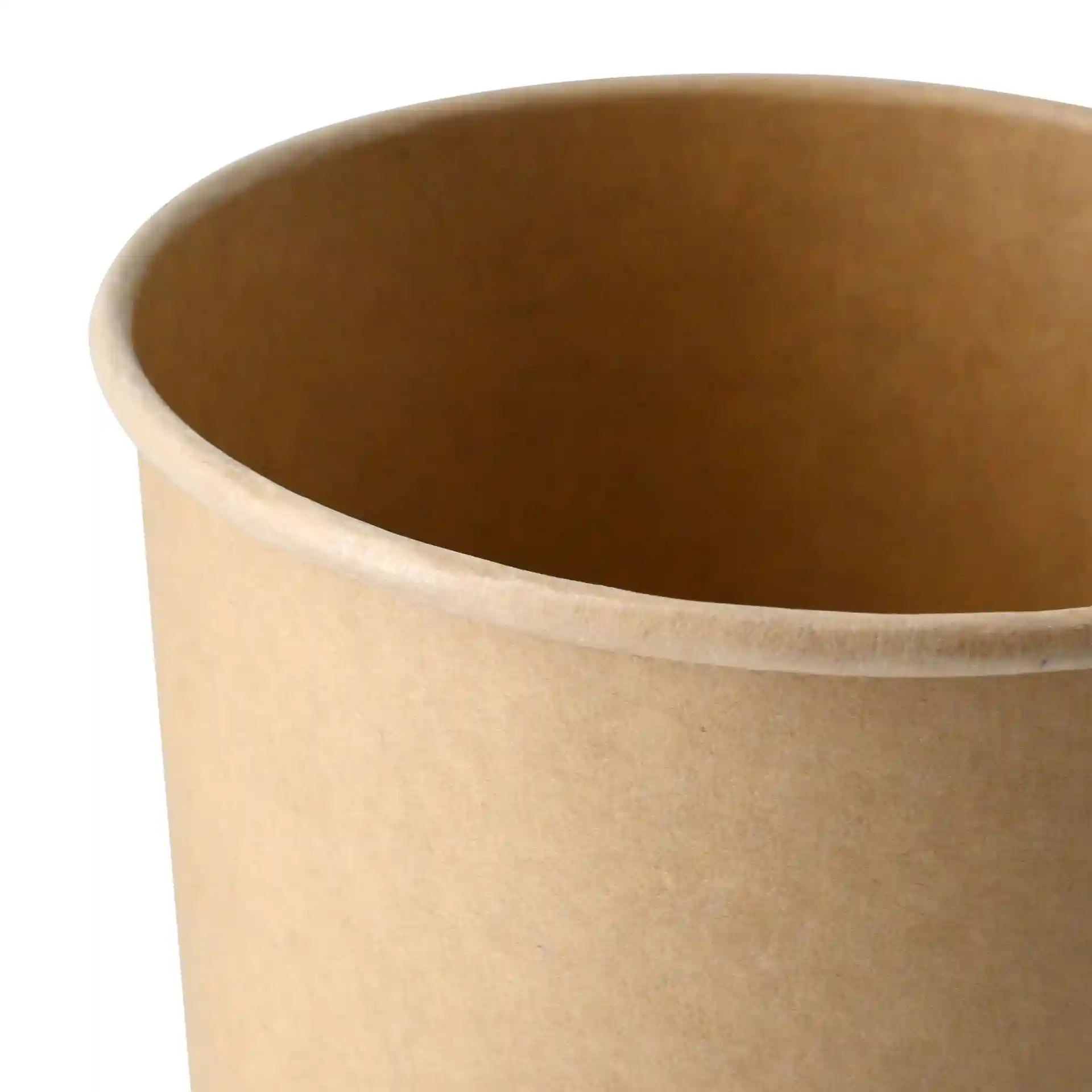 Gobelet en carton brun pour soupe de forme ronde, montrant l'intérieur et le bord supérieur.