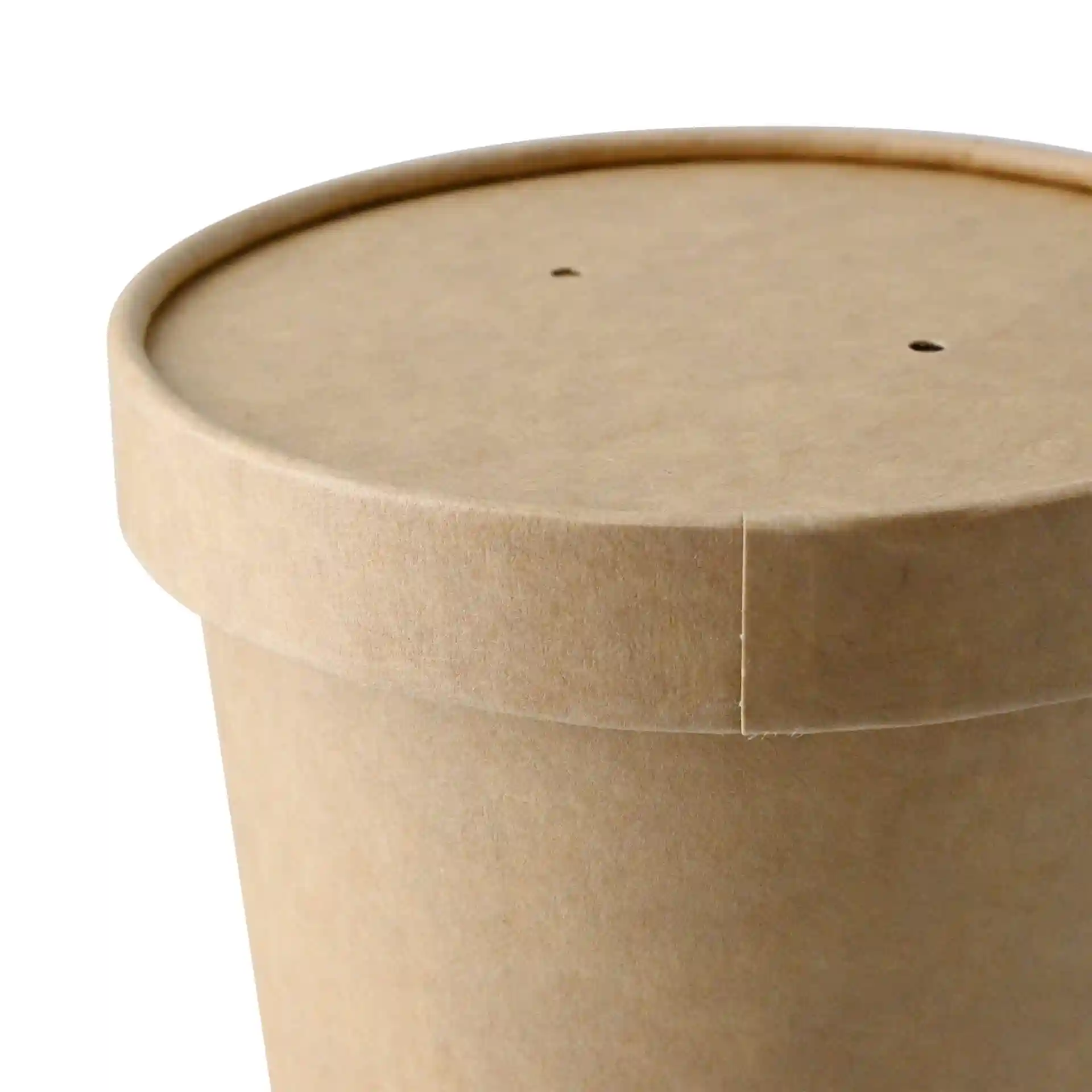 Couvercle en carton brun avec deux trous, conçu pour des contenants à soupe, forme ronde et surface lisse.