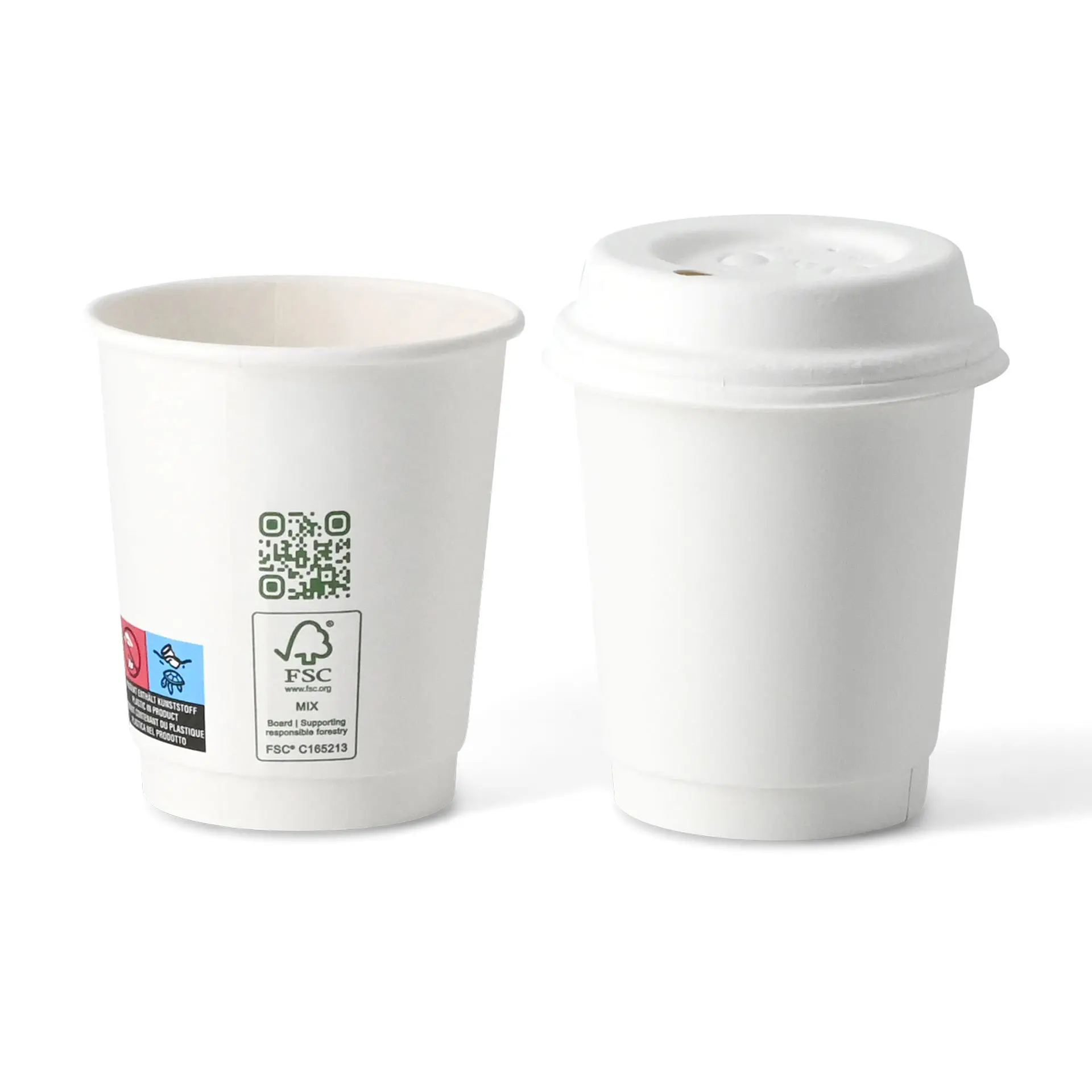 Tasse à café blanche à double paroi avec couvercle, capacité de 200 ml, hauteur de 90 mm et diamètre de 80 mm.