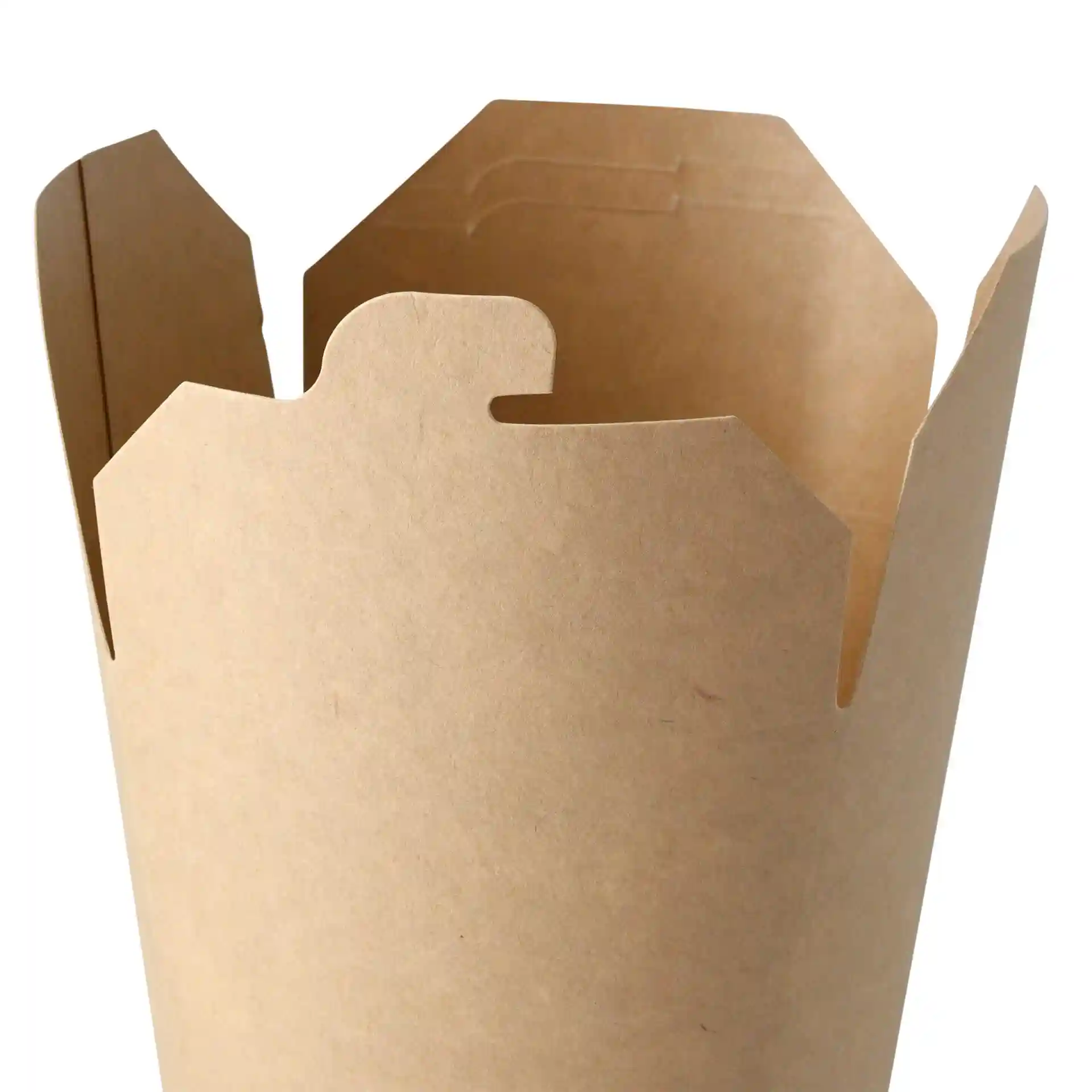 Boîte à nouilles en carton brun de forme ronde et ouverte, montrant la structure intérieure et les rabats.