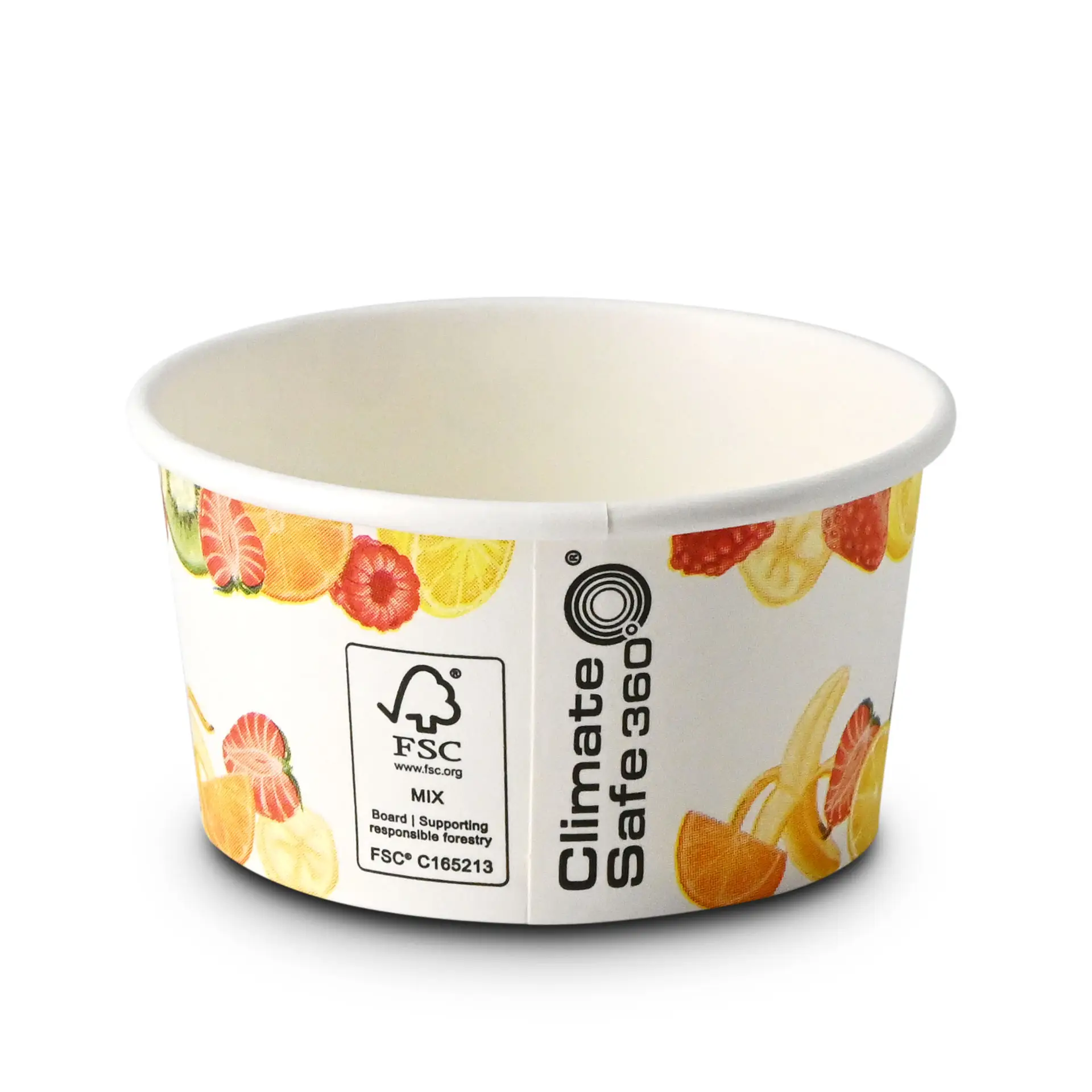 Gobelet en papier imprimé avec motif de fruits, adapté pour aliments chauds et froids, avec label de certification FSC.