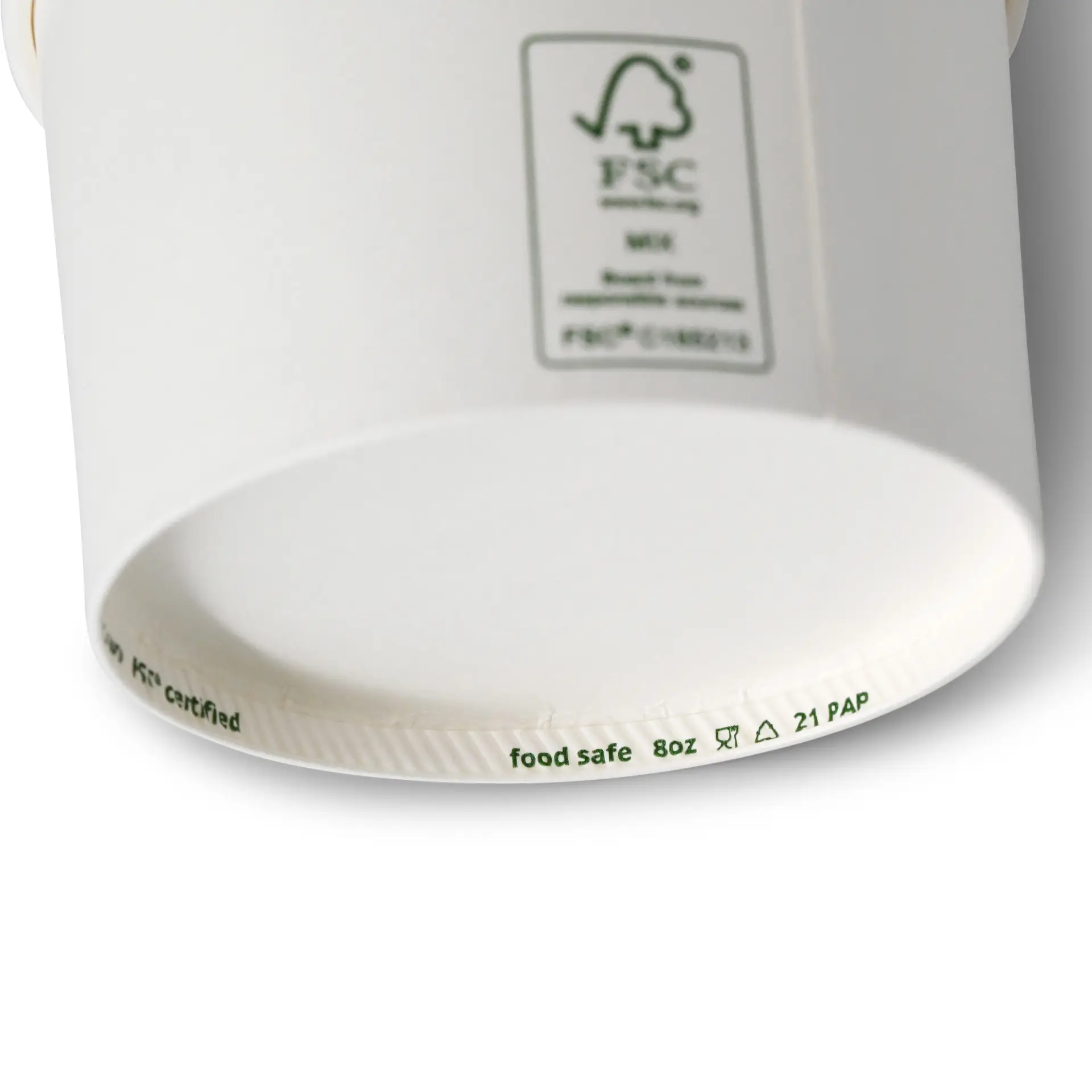 Gobelet en papier blanc pour glace avec étiquette alimentaire et certification FSC, conçu pour des portions de 8 oz.
