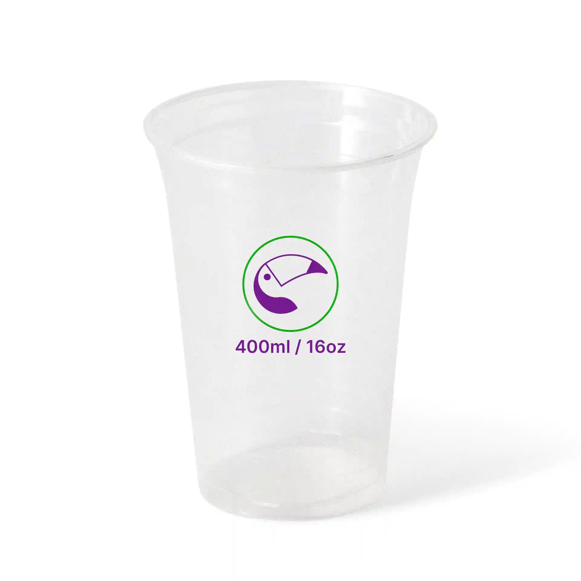 Gobelet en plastique transparent d'une capacité de 400 ml, avec un symbole de mesure vert et violet.