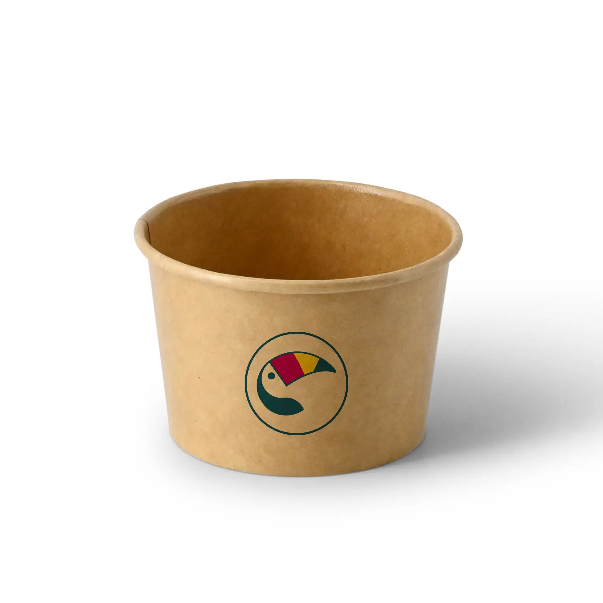 Gobelet à glace marron avec logo toucan coloré, conçu pour les glaciers, couvercle sécurisé en option.