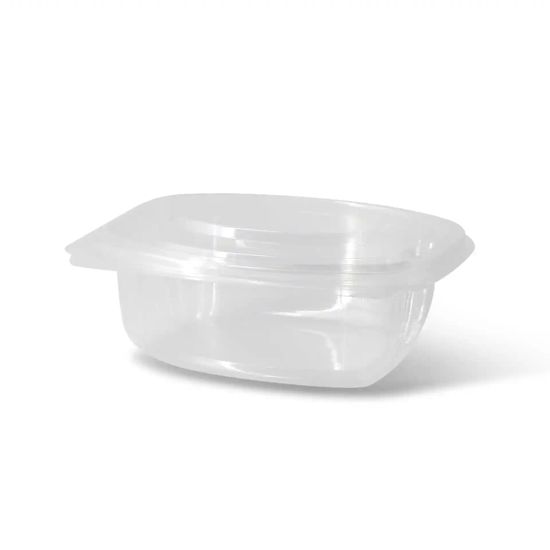 Bol rectangulaire en PLA transparent avec couvercle pliant, capacité de 500 ml, positionné en angle.