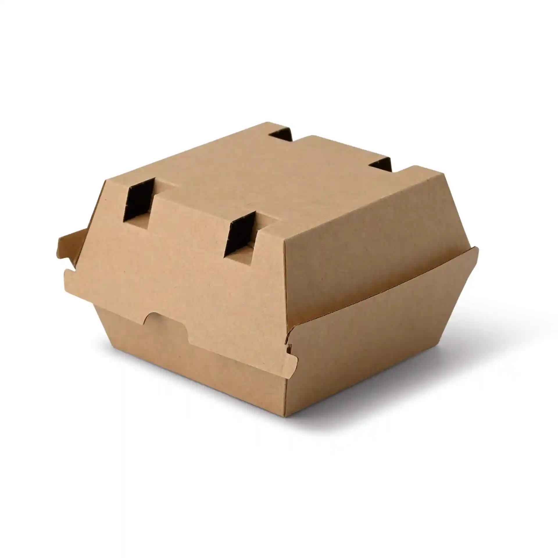 Boîte à burger en carton marron de forme carrée, mesurant 13 x 14 x 8 cm, avec des rabats pour la fermeture.
