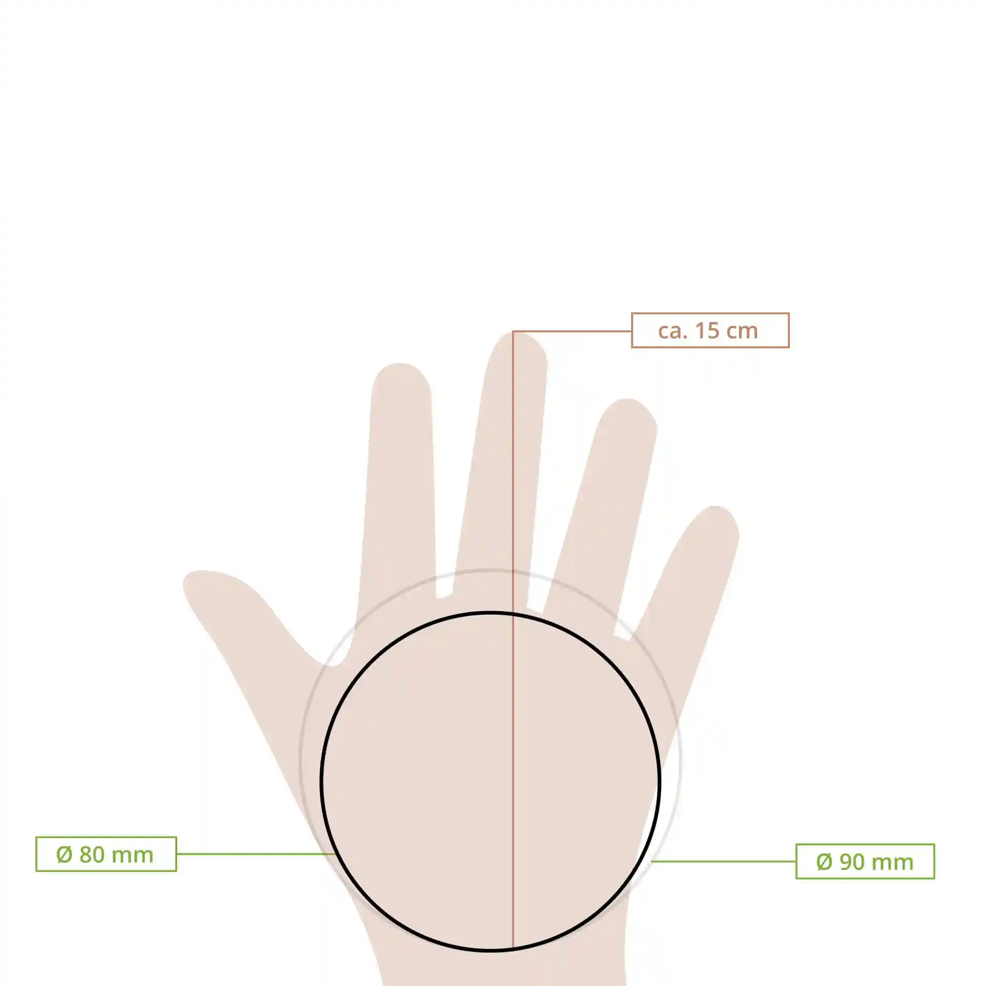 Dessin schématique d'une main avec un cercle indiquant les dimensions de Ø 80 mm et Ø 90 mm, étiqueté avec des mesures.