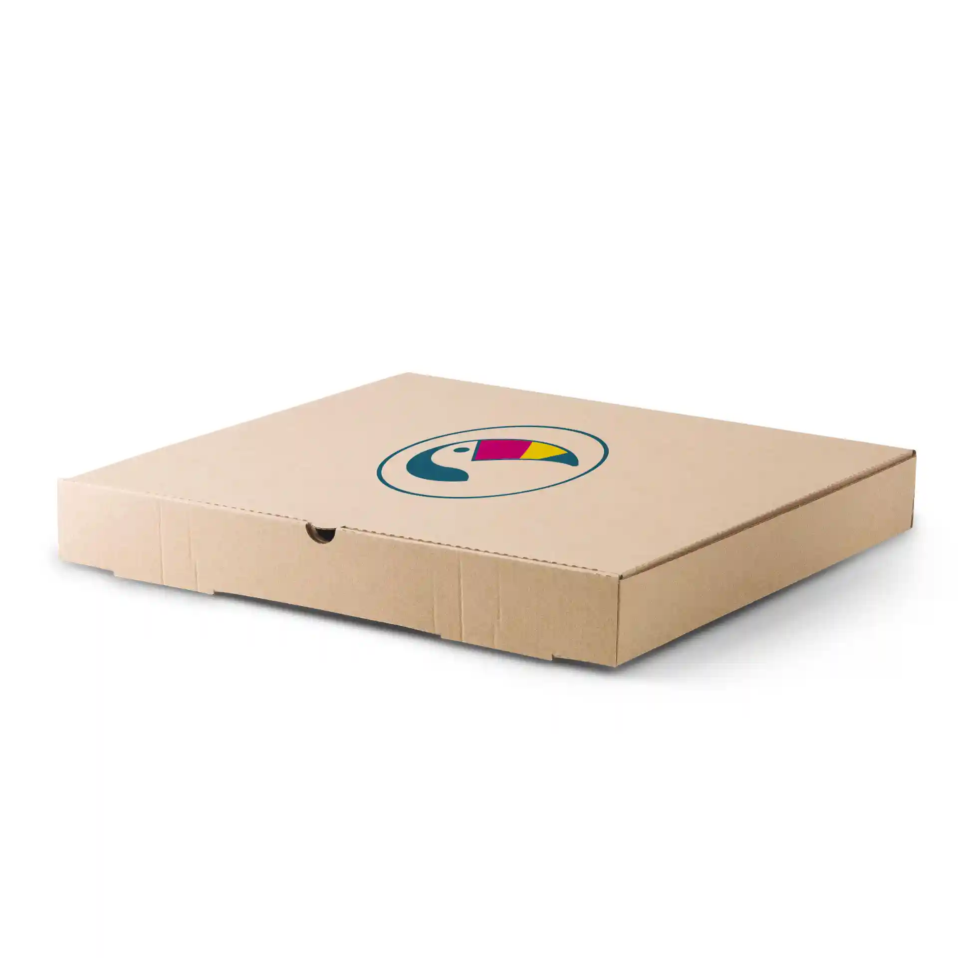 Boîte à pizza brune avec un logo circulaire présentant un design de toucan coloré, mesurant 32 x 32 x 4 cm.