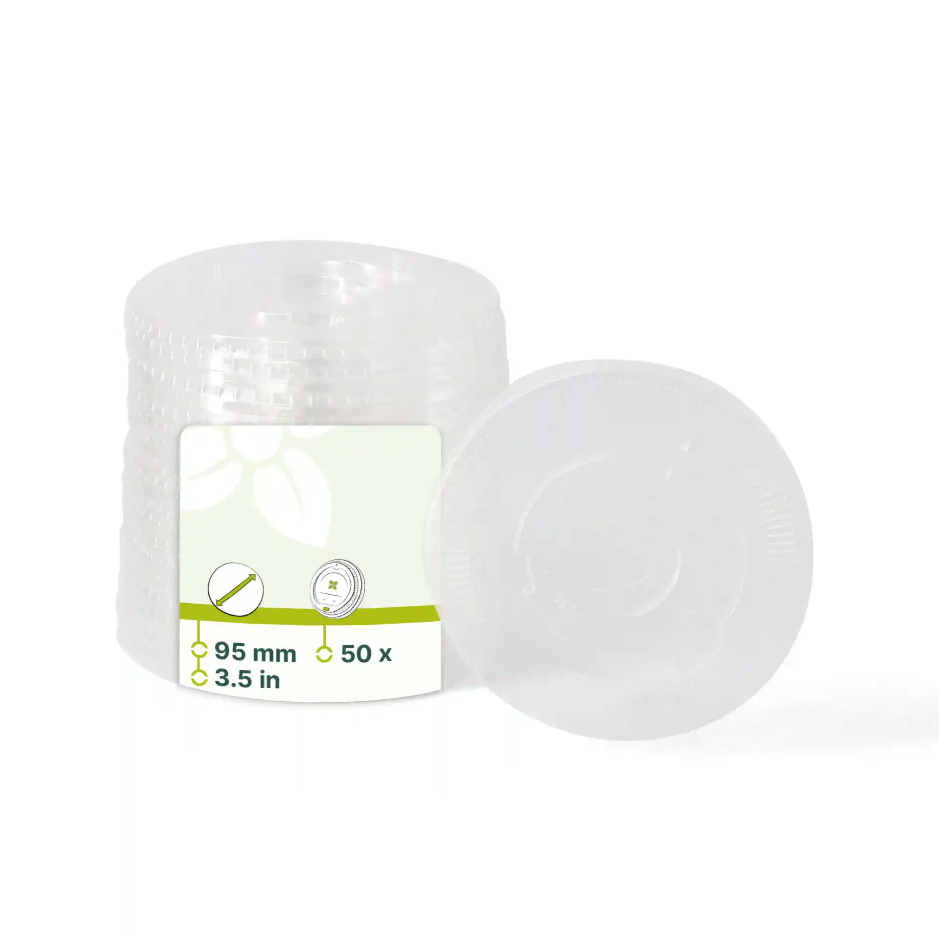 Couvercle plat en PLA transparent de 95 mm de diamètre, avec un trou pour paille, présenté avec plusieurs couvercles empilés.