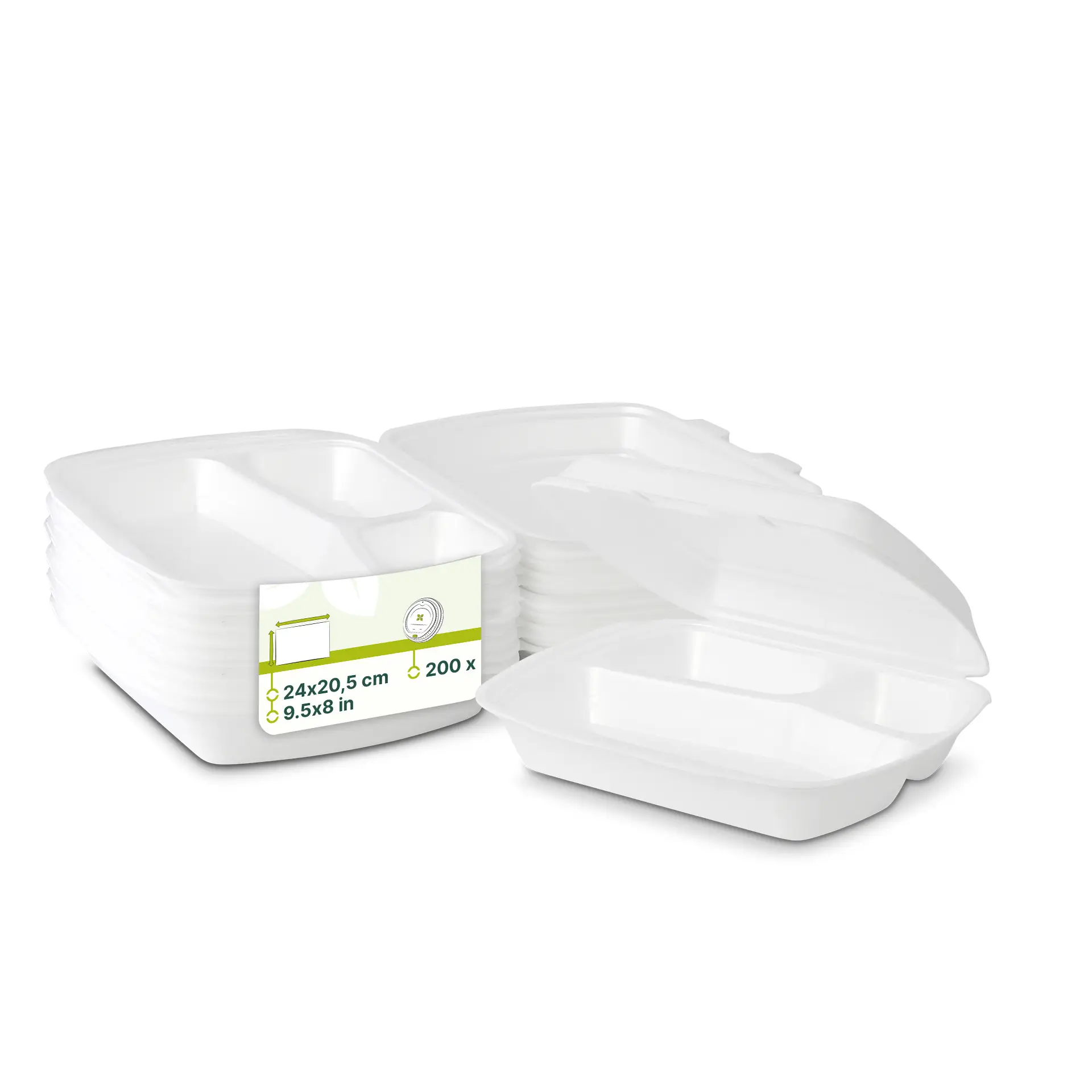 Contenants en plastique blancs avec couvercles, mesurant 24x20,5 cm, empilés avec plusieurs contenants visibles.