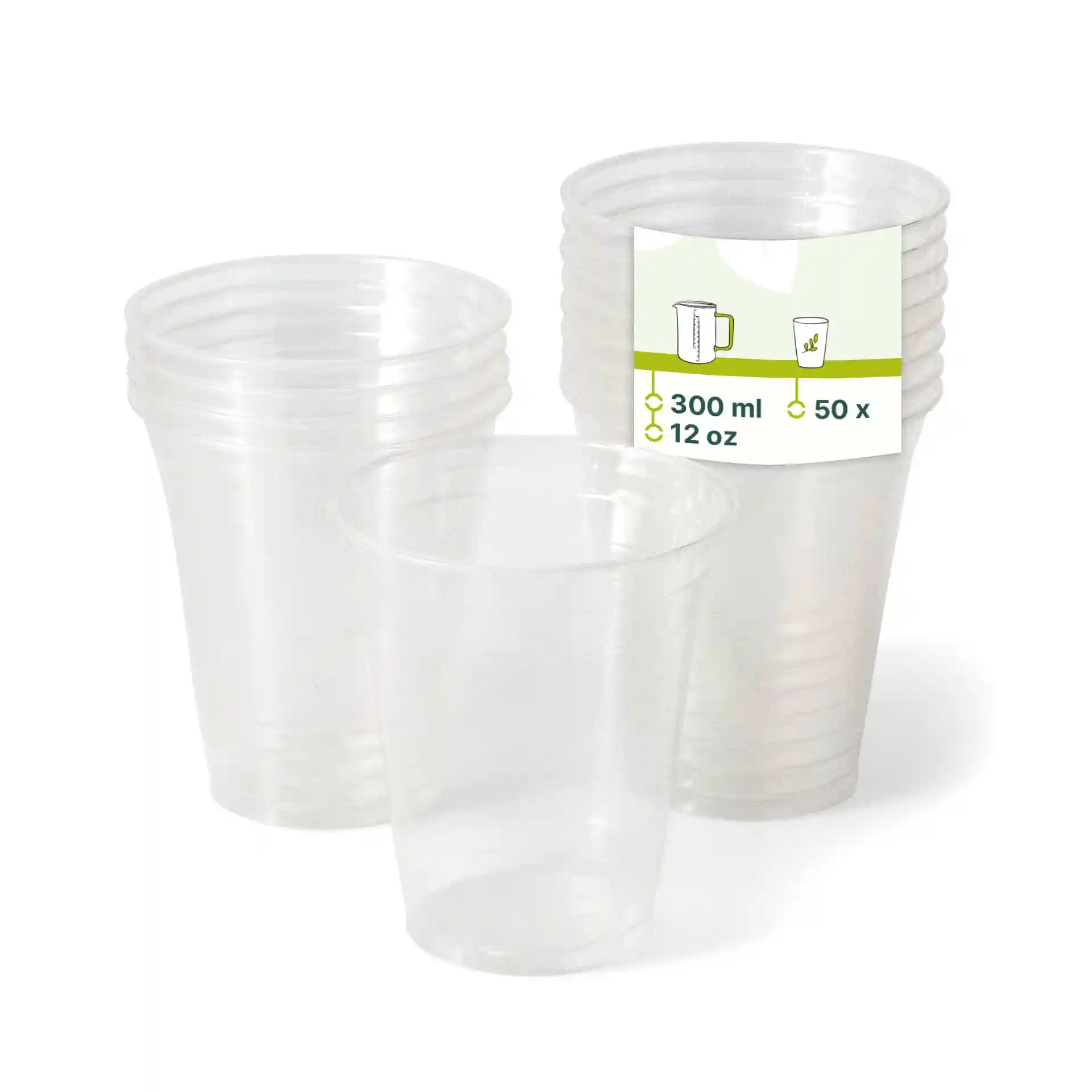 Gobelets en plastique transparents empilés, avec un gobelet devant et une étiquette indiquant 300 ml et 50 unités.