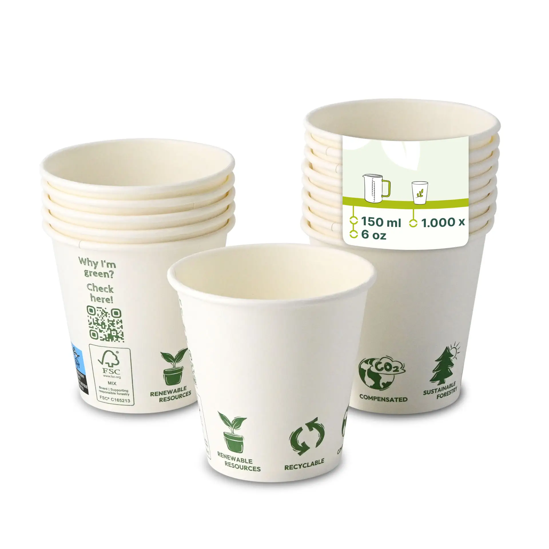 Gobelet en carton 150 ml / 6 oz, Ø 80 mm, avec pictogrammes "EcoUp©", simple paroi, blanc, revêtement en PLA