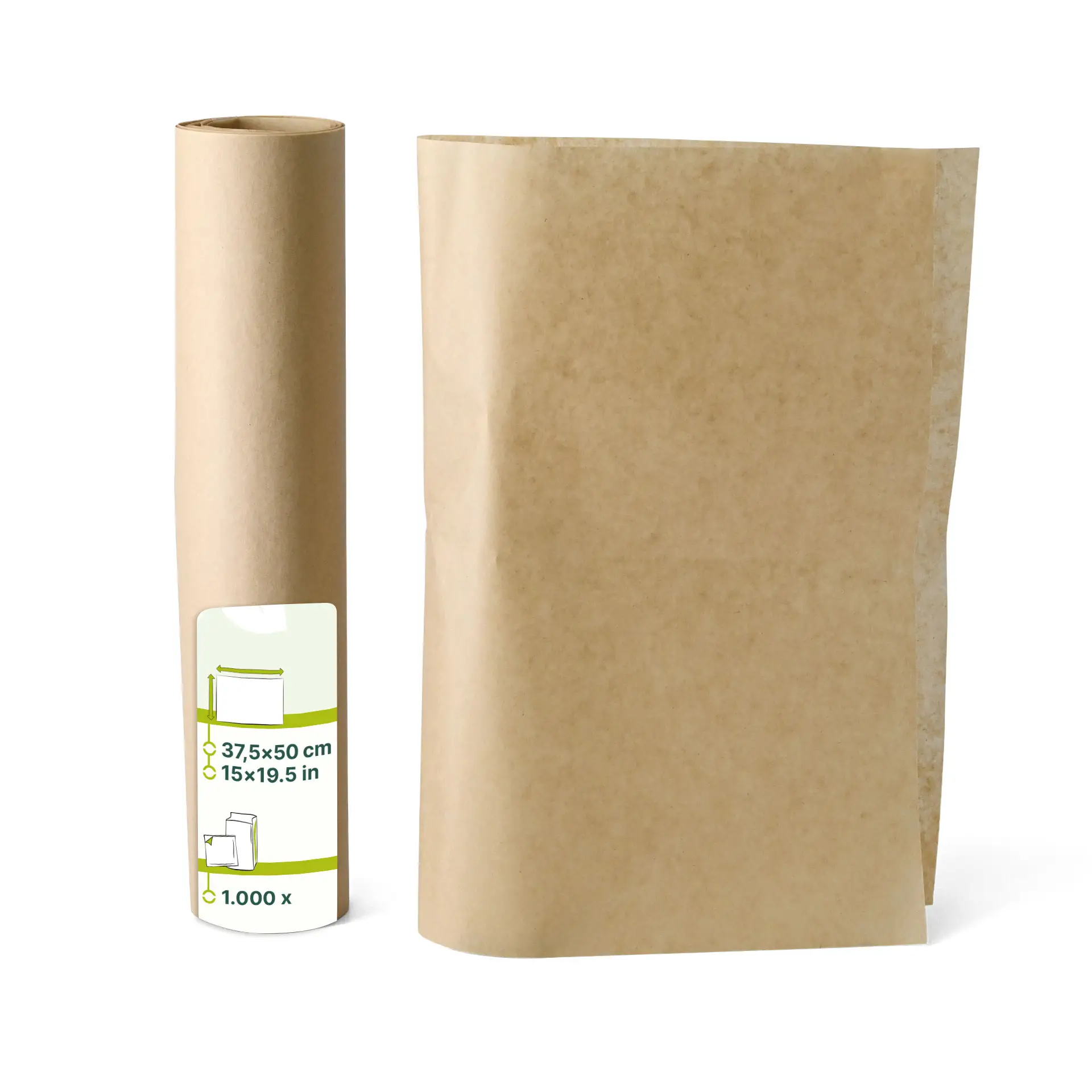 Papier de wrapping brun anti-graisse en rouleau et en feuilles, adapté pour les aliments chauds et froids, taille 37,5 x 50 cm.