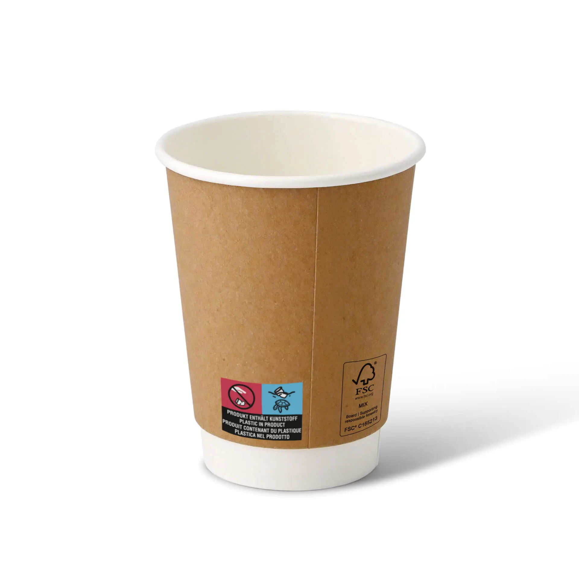 Une tasse à café brune à double paroi avec un intérieur blanc, adaptée pour les boissons chaudes ou froides ; revêtue de PE avec des étiquettes sur le côté.