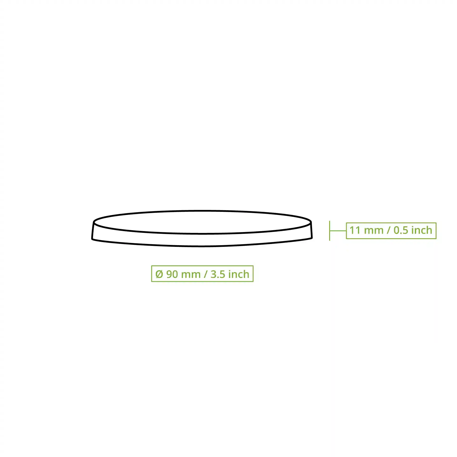 Dessin schématique d'un couvercle en papier blanc d'un diamètre de 90 mm et d'une hauteur de 11 mm.