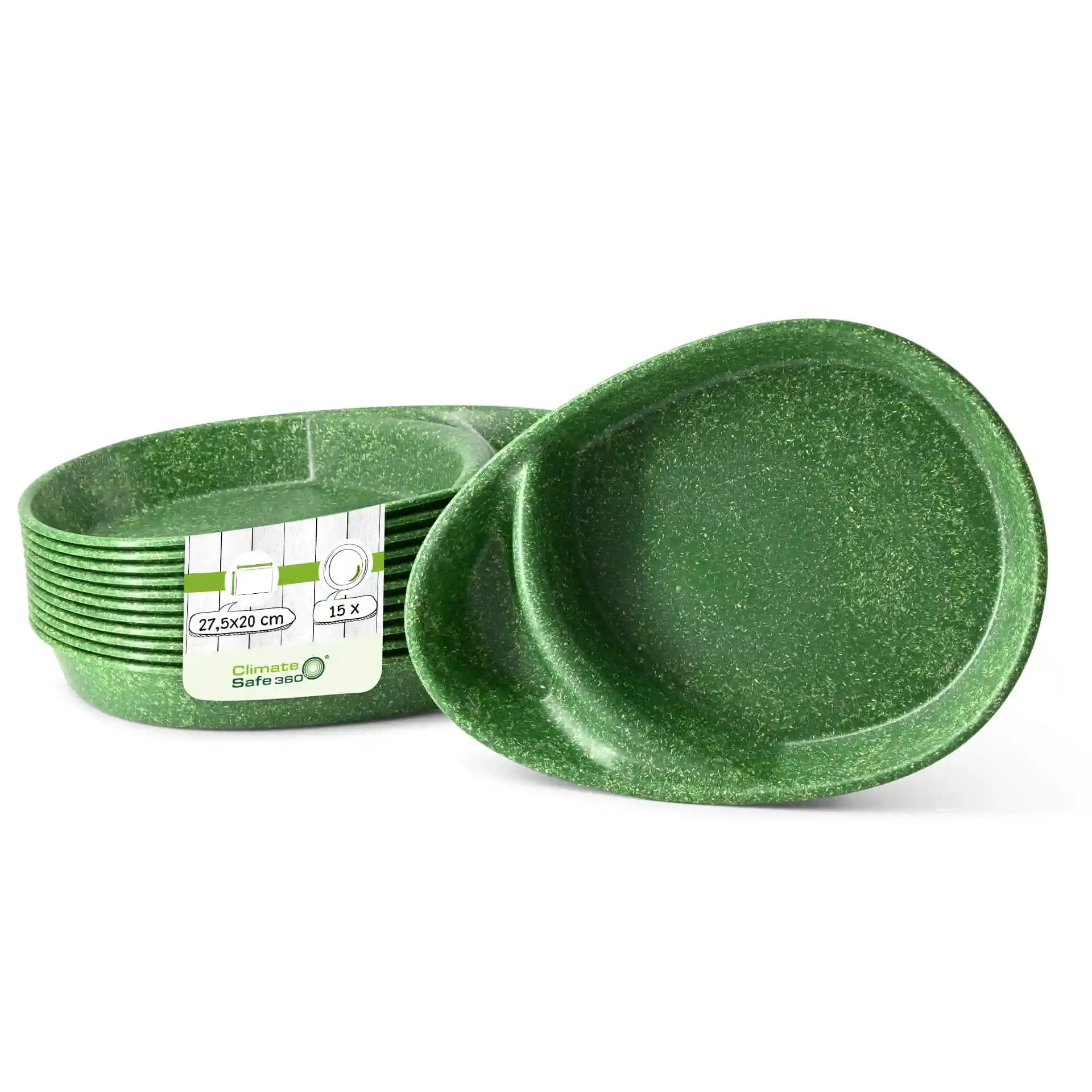 Ensemble d'assiettes divisées réutilisables vert foncé avec deux compartiments, mesurant 27,5 × 20 cm.