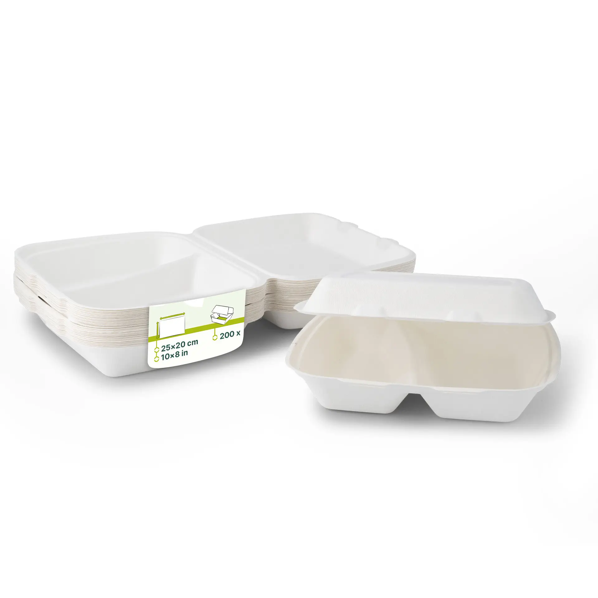 Boîtes à menu en canne à sucre 25 x 20 x 7,5 cm, 2 compartiments, rectangulaires Boîtes à menu en canne à sucre 25 x 20 x 7,5 cm, 2 compartiments, rectangulaires