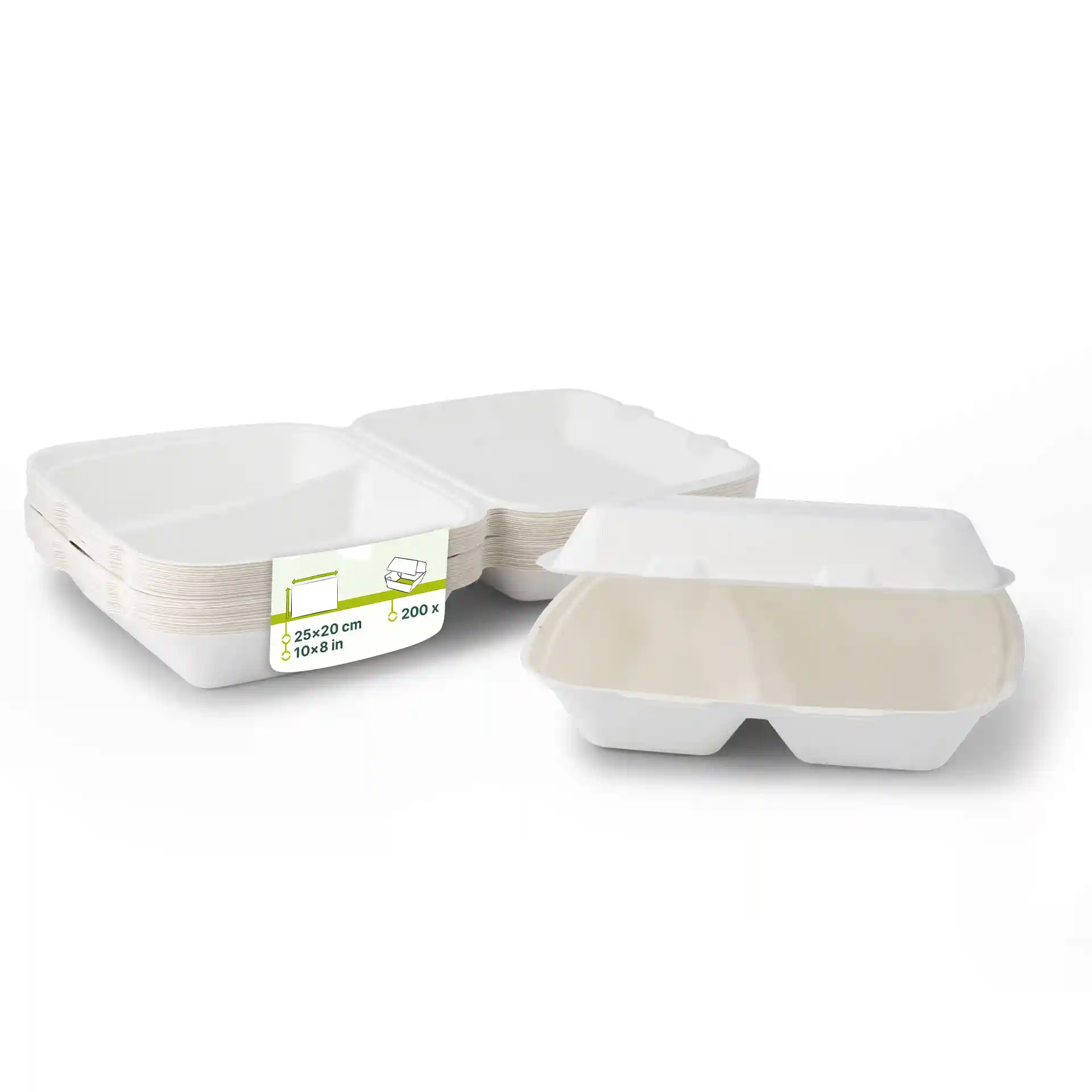 Contenants de menu rectangulaires en canne à sucre blancs avec couvercles à charnière, deux compartiments et une étiquette indiquant les dimensions et la quantité.