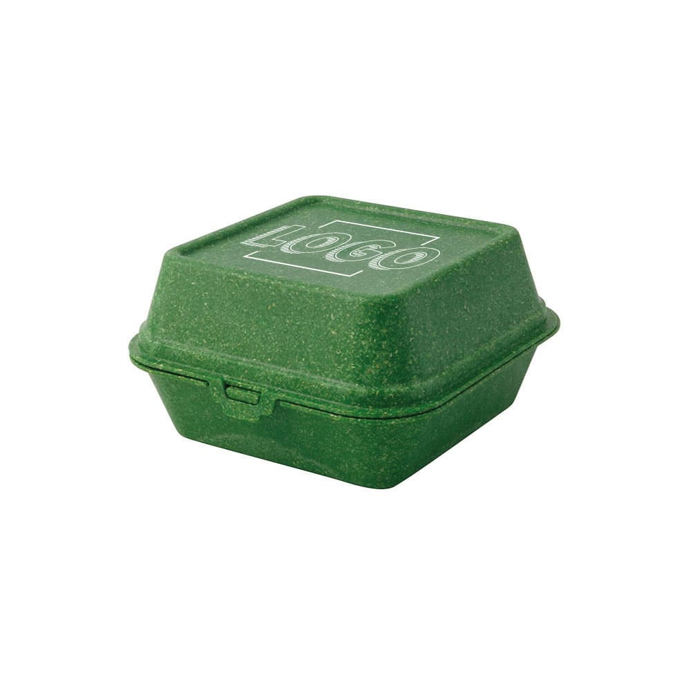 Mehrweg-Burger-Boxen "Häppy Box" 16 x 15 x 8,5 cm, Spinat / dunkelgrün, Individualdruck (1 Fläche)