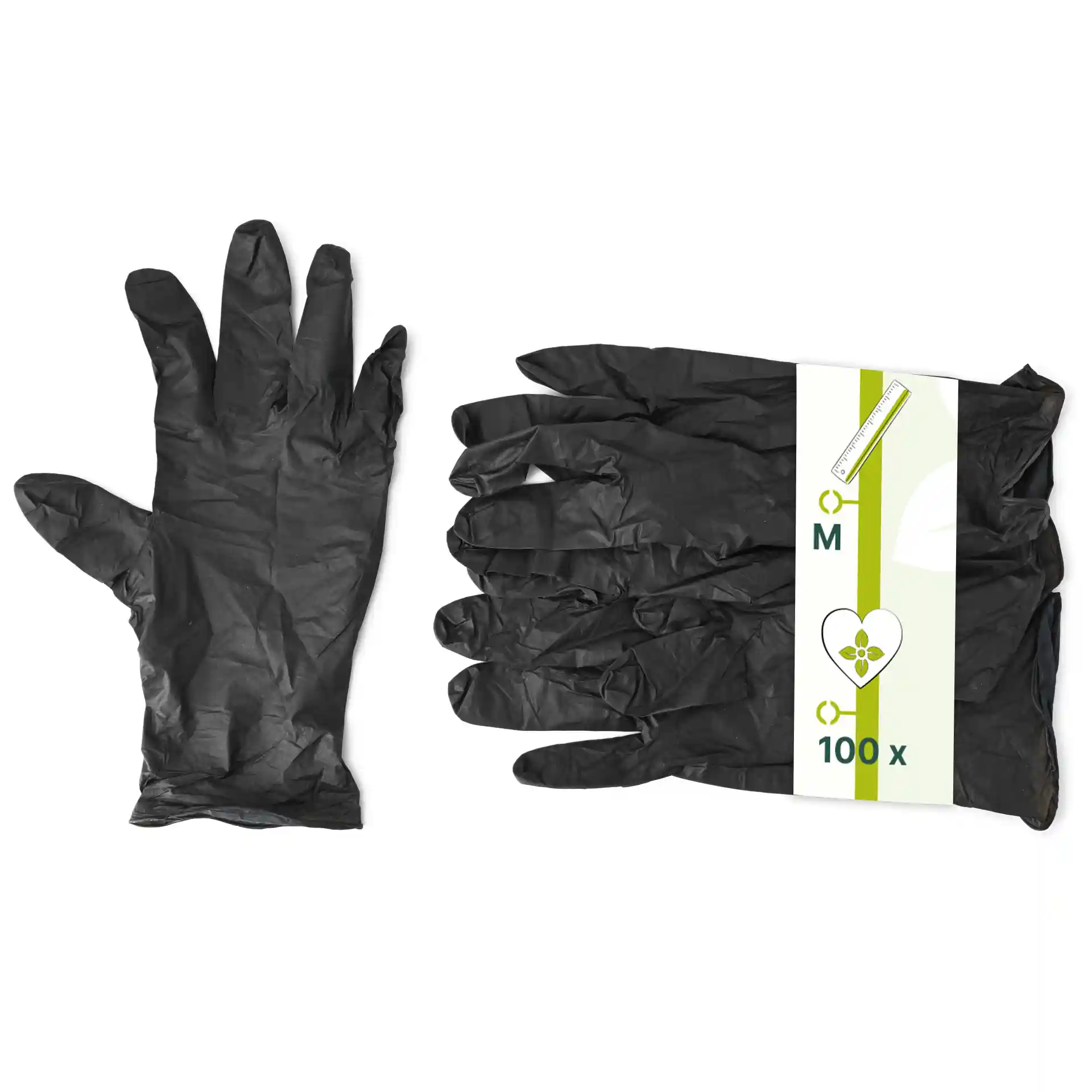 Gants en nitrile noirs taille M, avec un gant montré séparément et un paquet de plusieurs gants affiché.