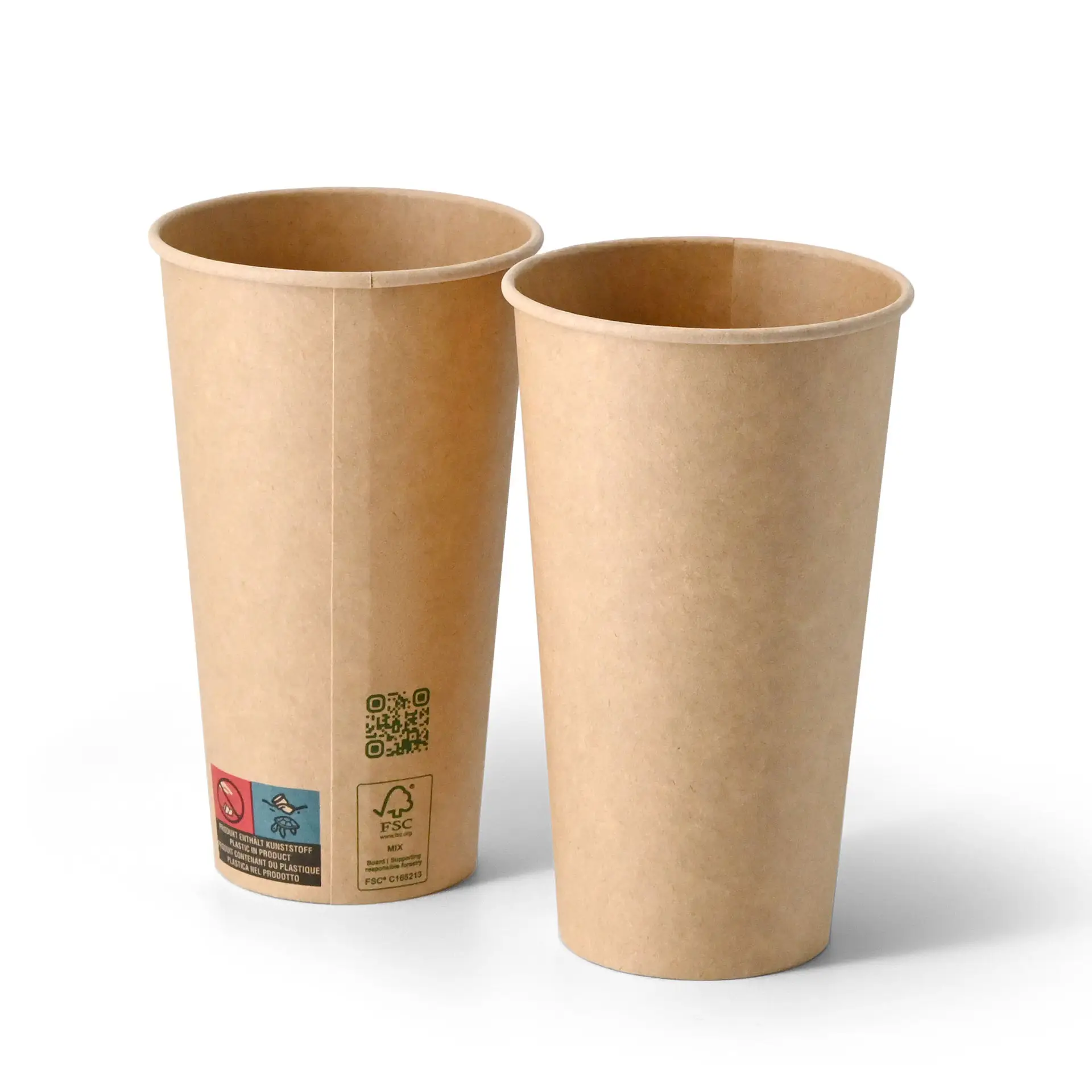 Gobelets en papier brun à paroi simple, 500 ml, avec revêtement PLA pour boissons chaudes et froides, featuring un code QR et des étiquettes de durabilité.