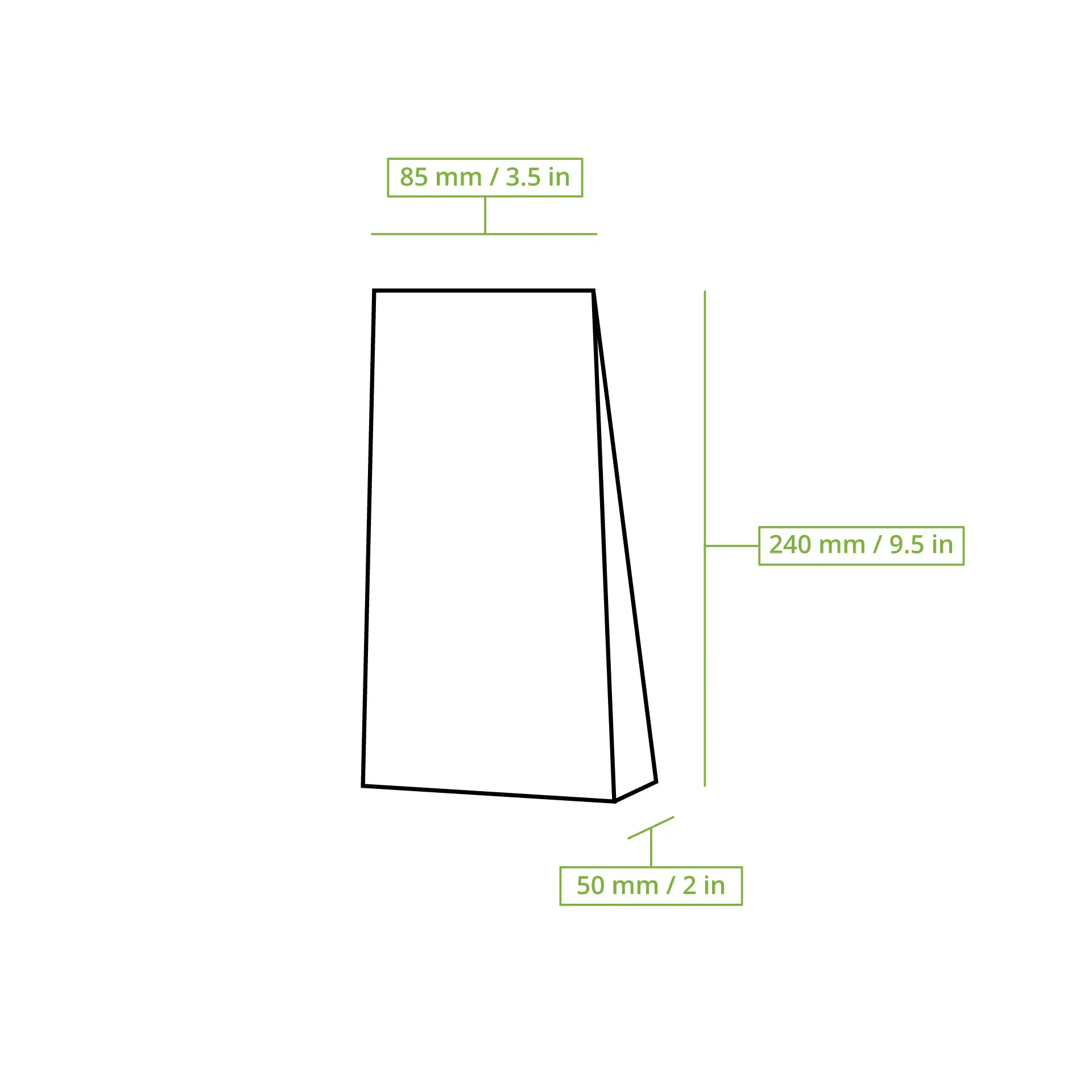 Dessin schématique d'un sac à fond plat avec dimensions étiquetées : 85 mm de largeur, 240 mm de hauteur et 50 mm de profondeur.