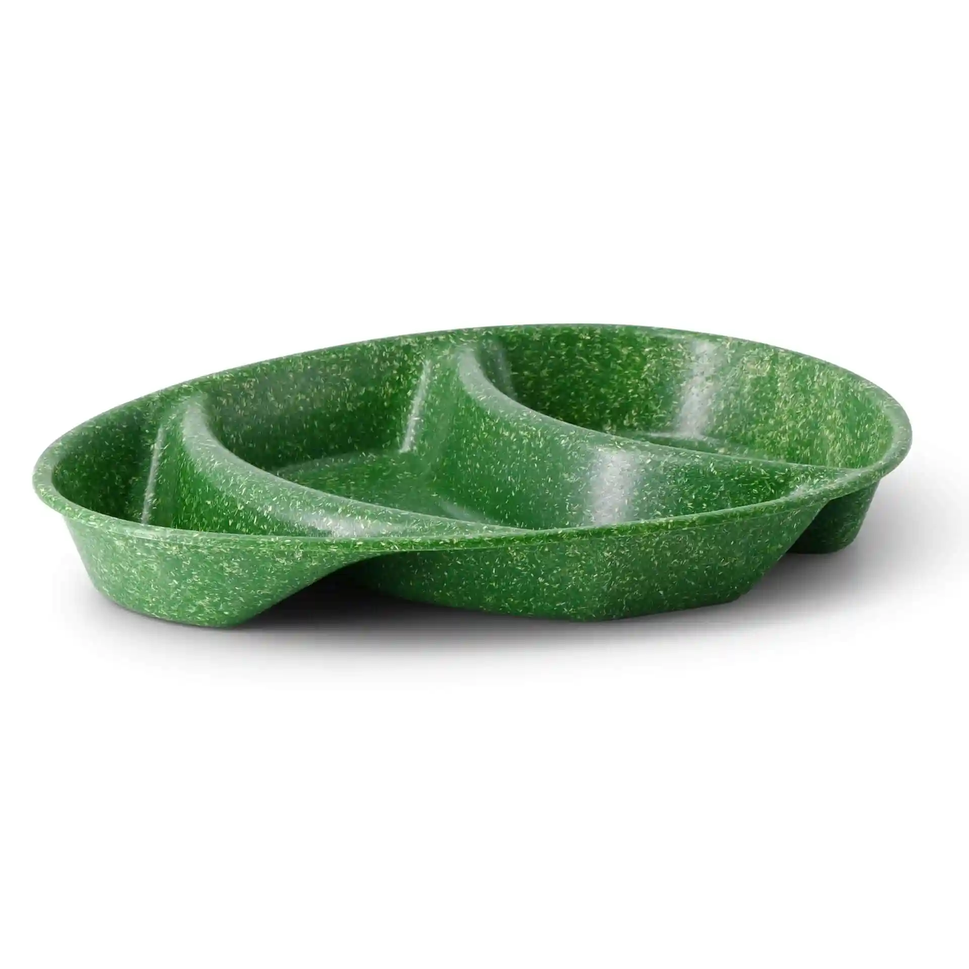 Assiette de menu réutilisable verte avec trois compartiments, en forme de goutte, dimensions 27,5 x 20 x 3,5 cm.