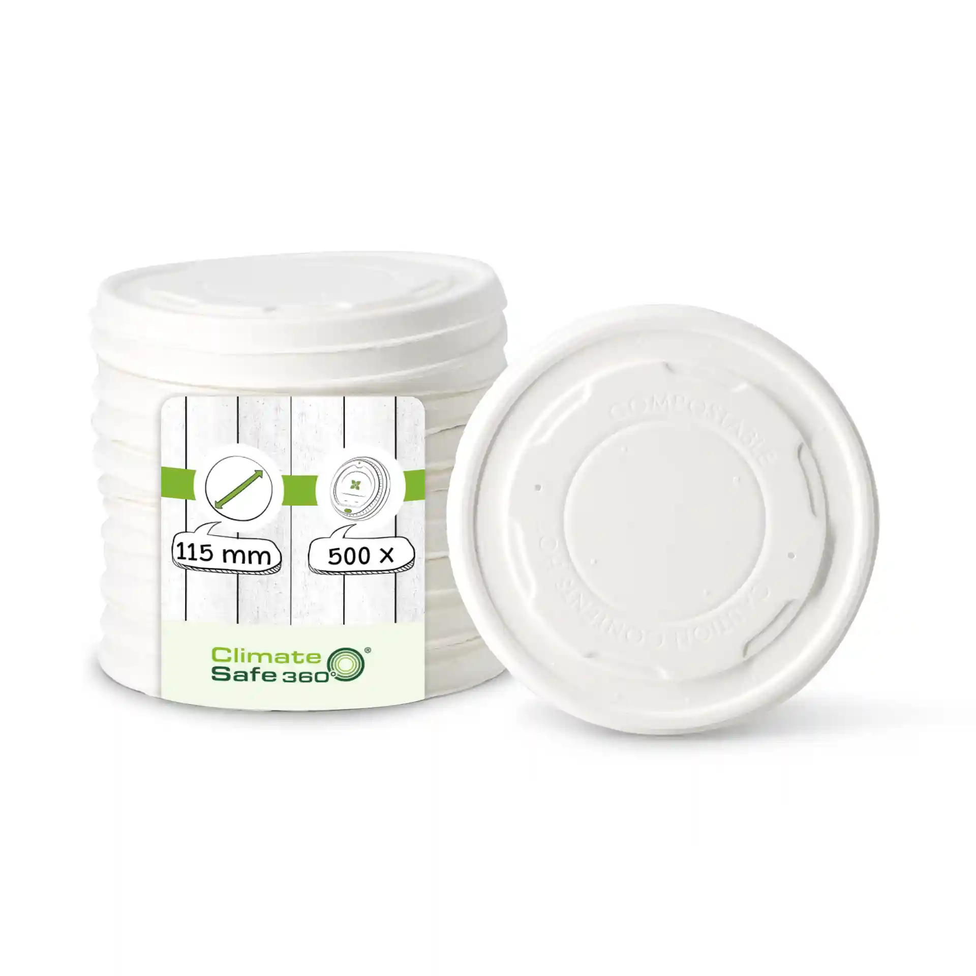 Couvercles en carton plats blancs d'un diamètre de 115 mm, empilés avec une étiquette indiquant les détails du produit.