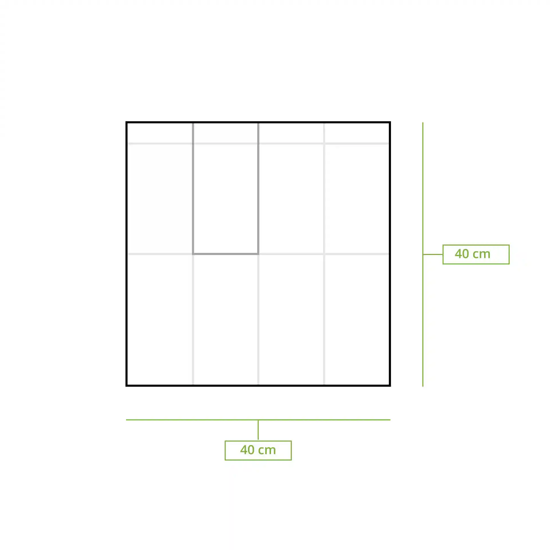 Dessin schématique d'un carré avec des lignes de grille et des indications de dimensions, mesurant 40 cm de chaque côté.