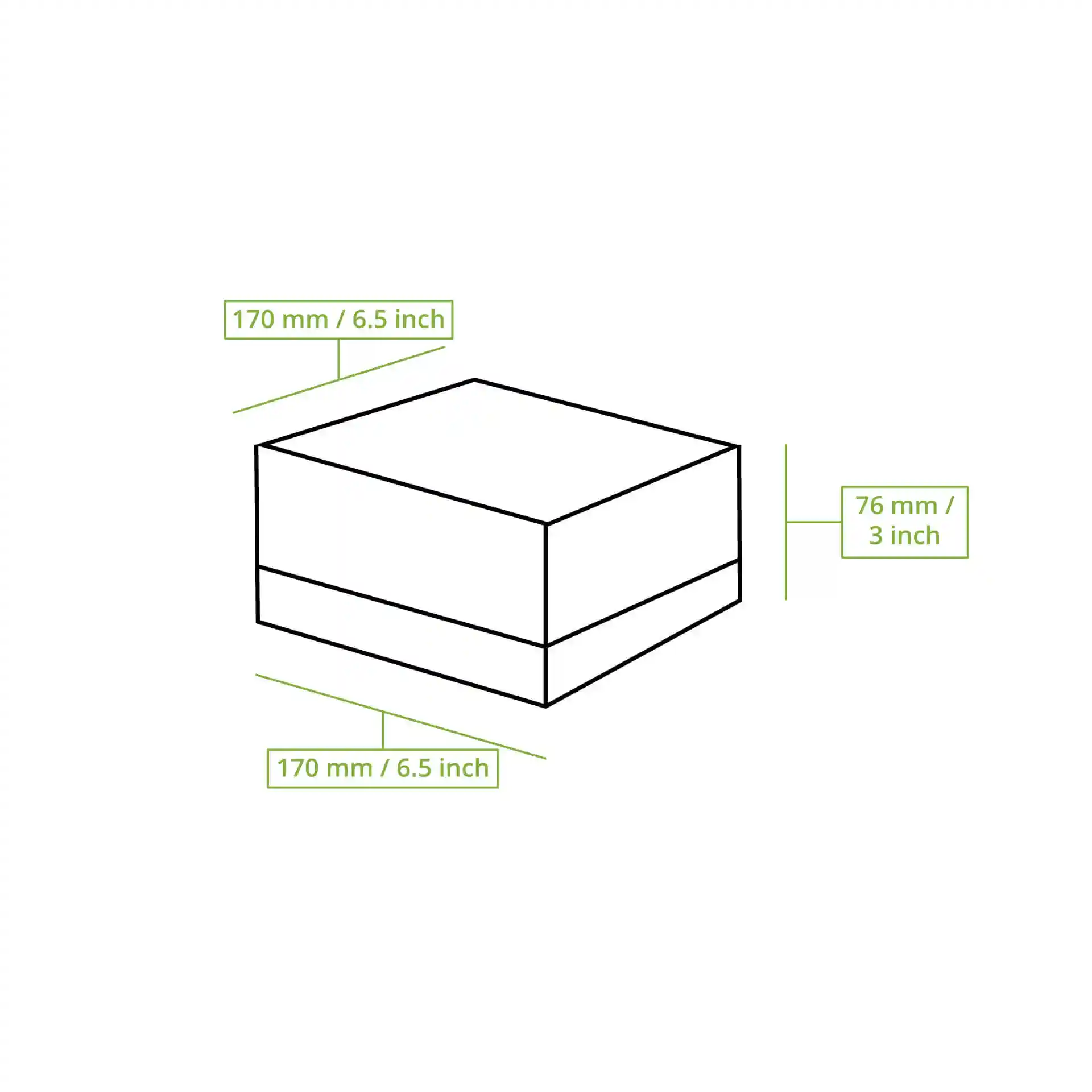 Dessin schématique d'une boîte à cupcakes rectangulaire avec des lignes de dimension indiquant 170 mm par 76 mm.