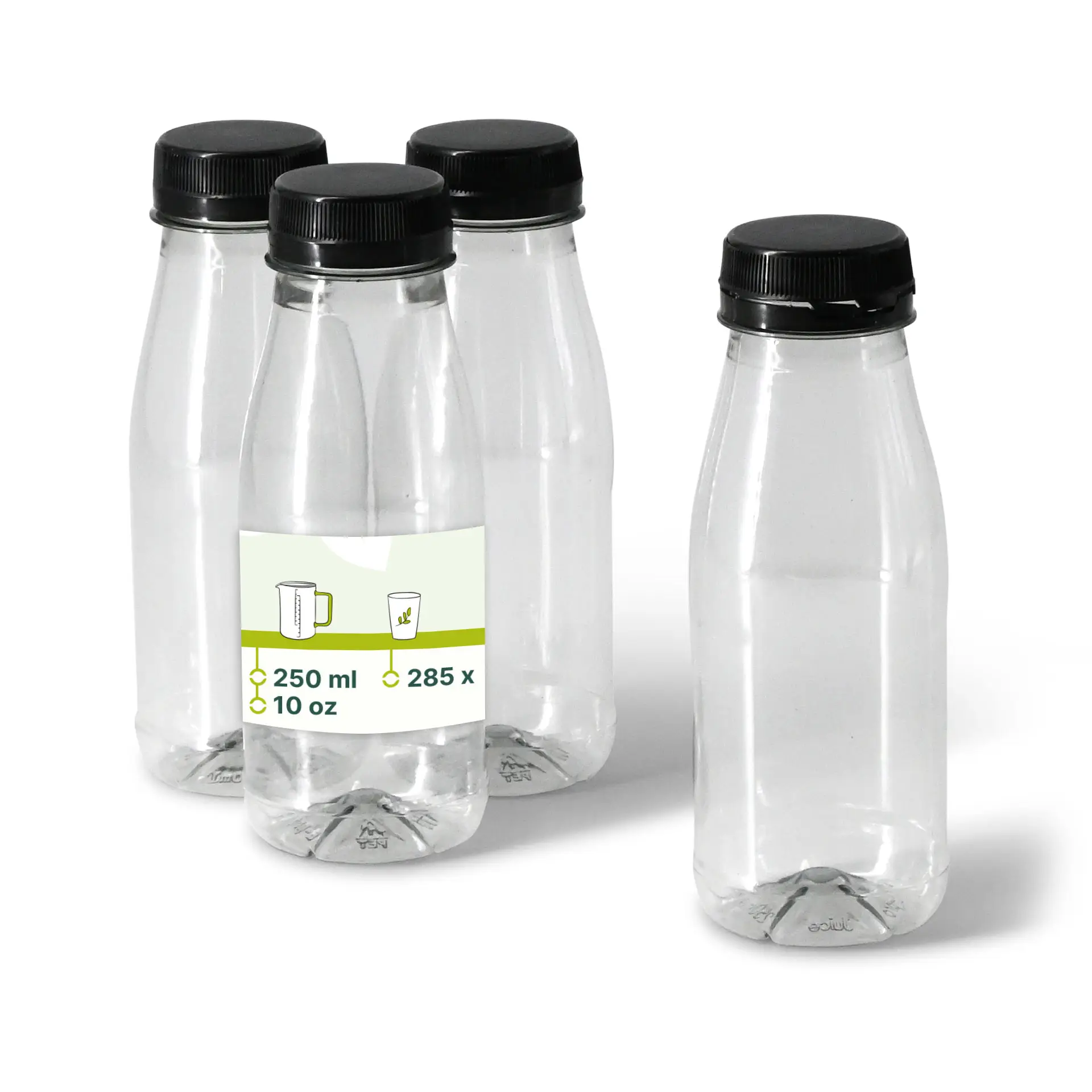 Bouteille en rPET 250 ml, transparente, bouchon noir Bouteille en rPET 250 ml, transparente, bouchon noir