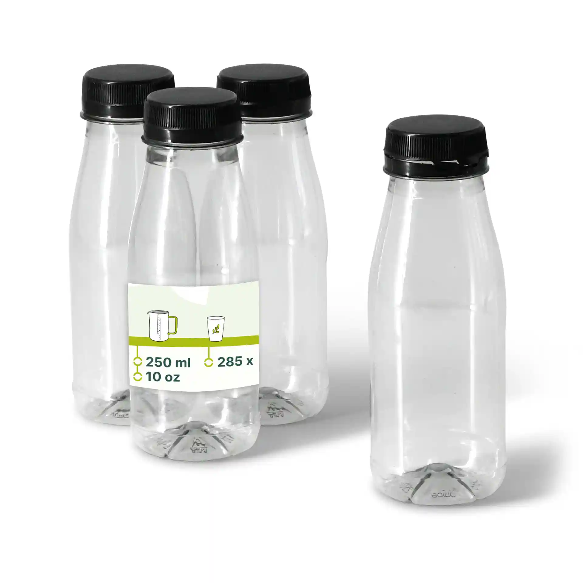 Bouteilles rPET transparentes avec couvercles noirs, capacité de 250 ml, quatre bouteilles montrées dont une avec étiquette.