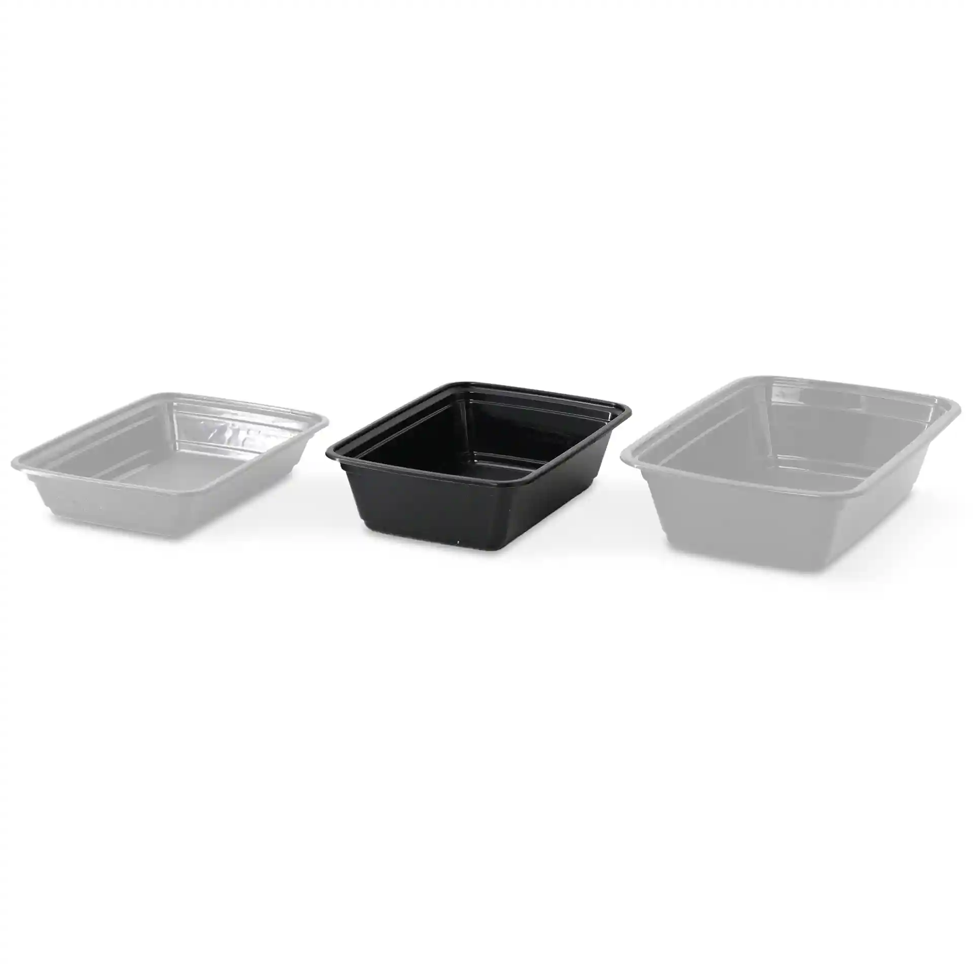 Trois conteneurs rectangulaires réutilisables en plastique noir et transparent, avec des opacités et dimensions variées.