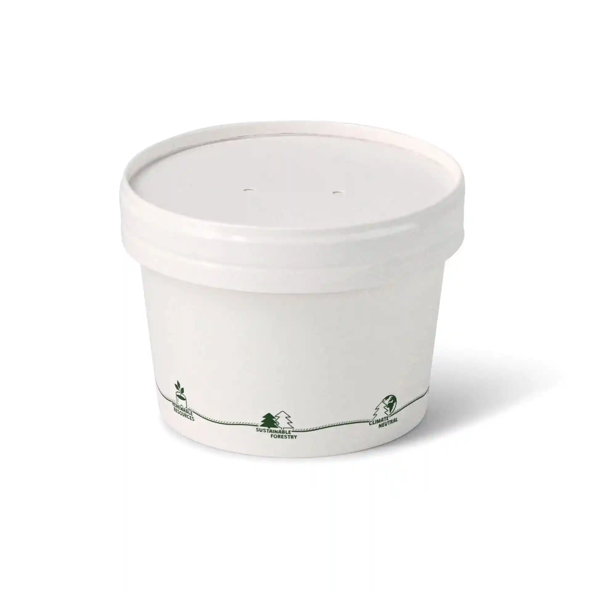 Conteneur rond en carton pour soupe avec un extérieur blanc et des icônes écologiques imprimées, diamètre 115 mm, hauteur 77 mm.