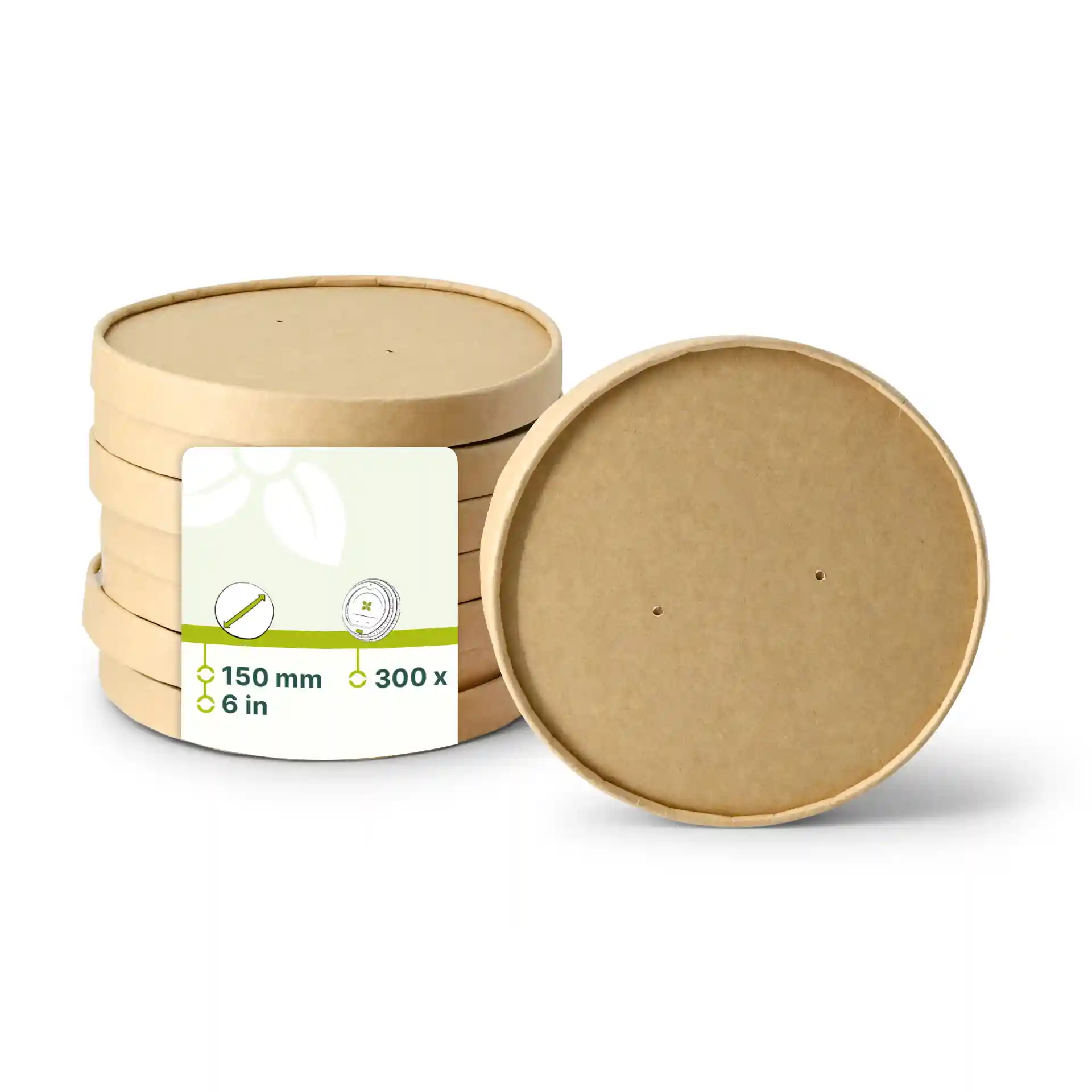 Couvercles ronds en carton brun d'un diamètre de 150 mm, empilés avec une étiquette indiquant les détails du produit.
