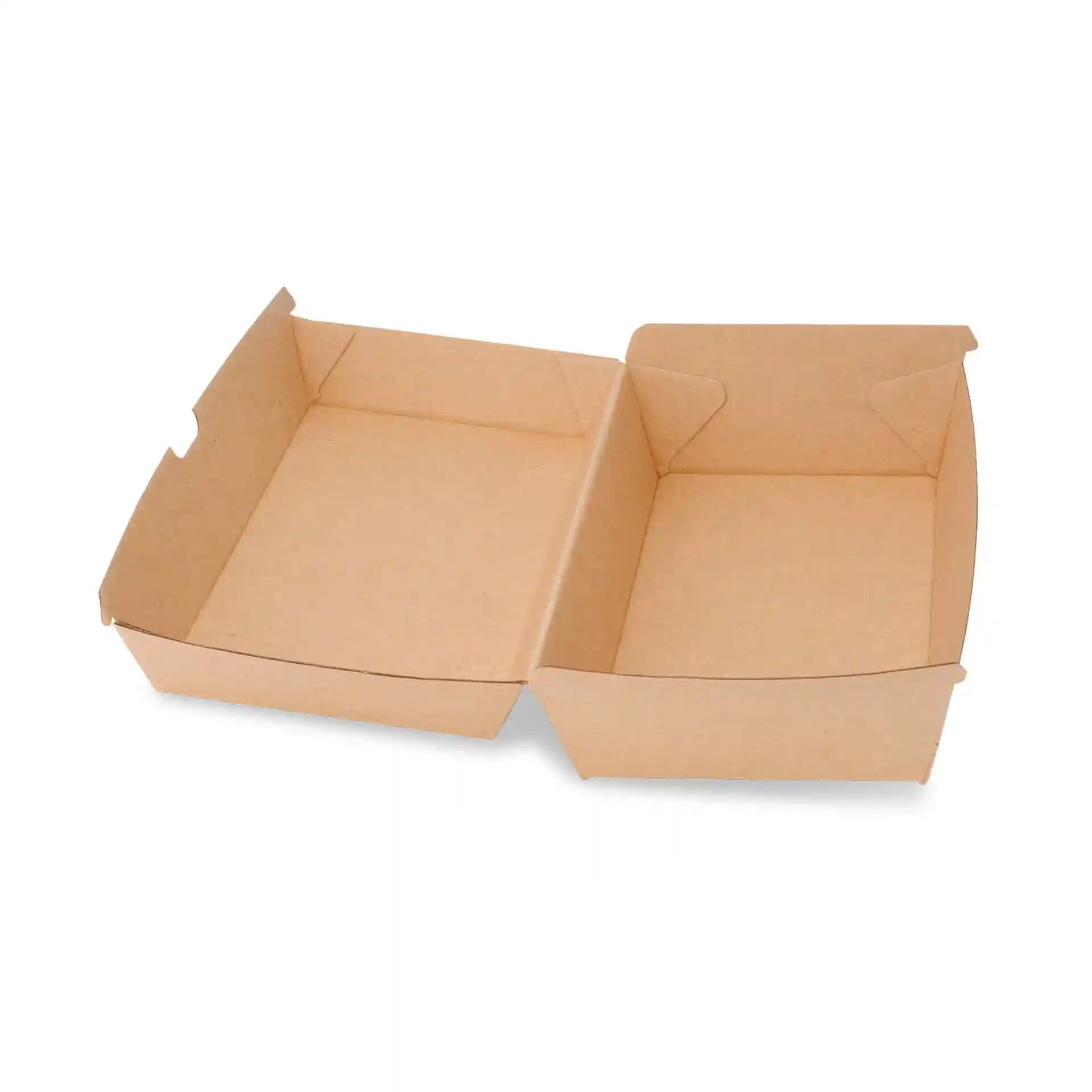 Boîte alimentaire en carton brun avec couvercle à charnière, forme rectangulaire, dimensions 24,8 x 13 x 7,5 cm.