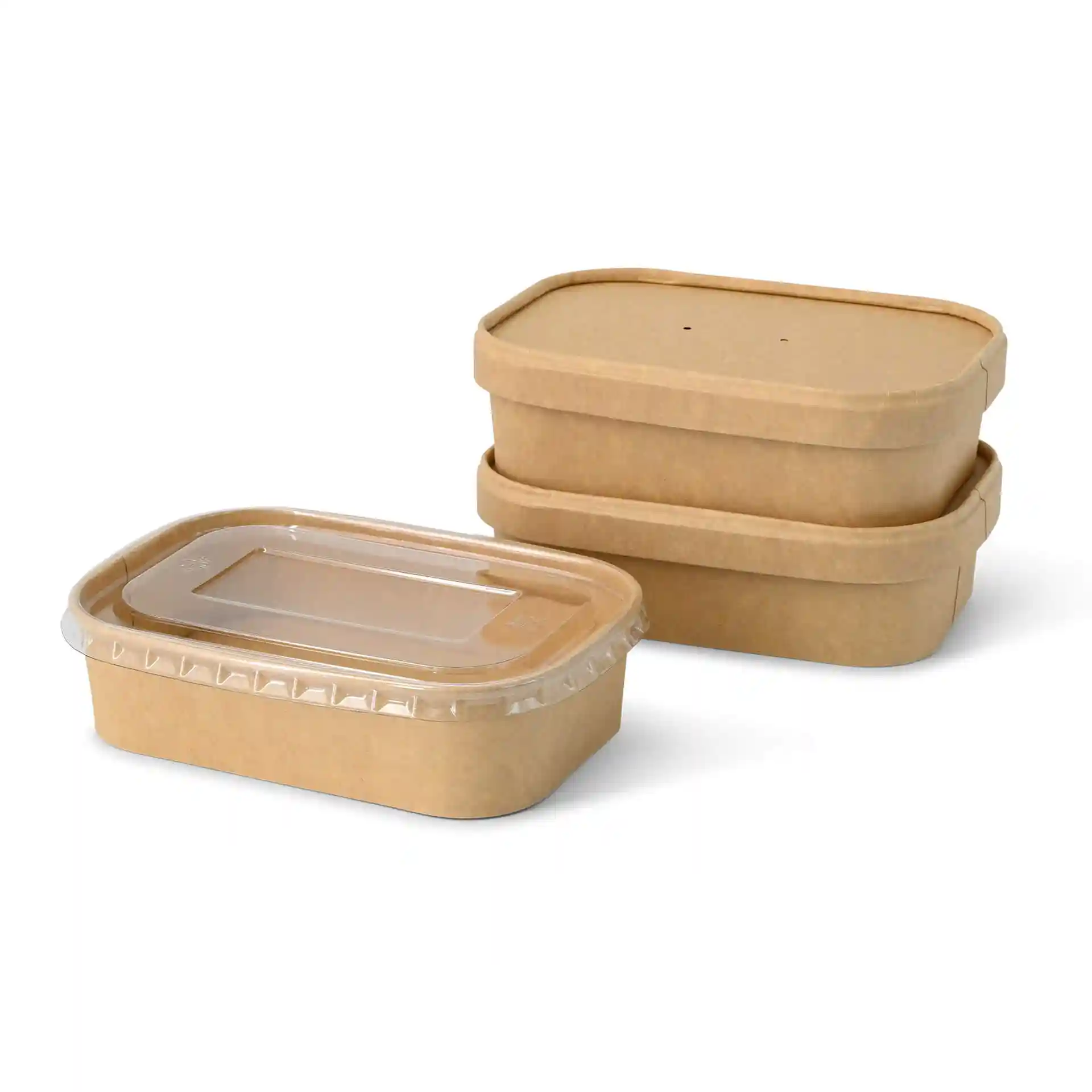 Trois contenants alimentaires en kraft rectangulaires avec un couvercle transparent, un en bas et deux empilés au-dessus.